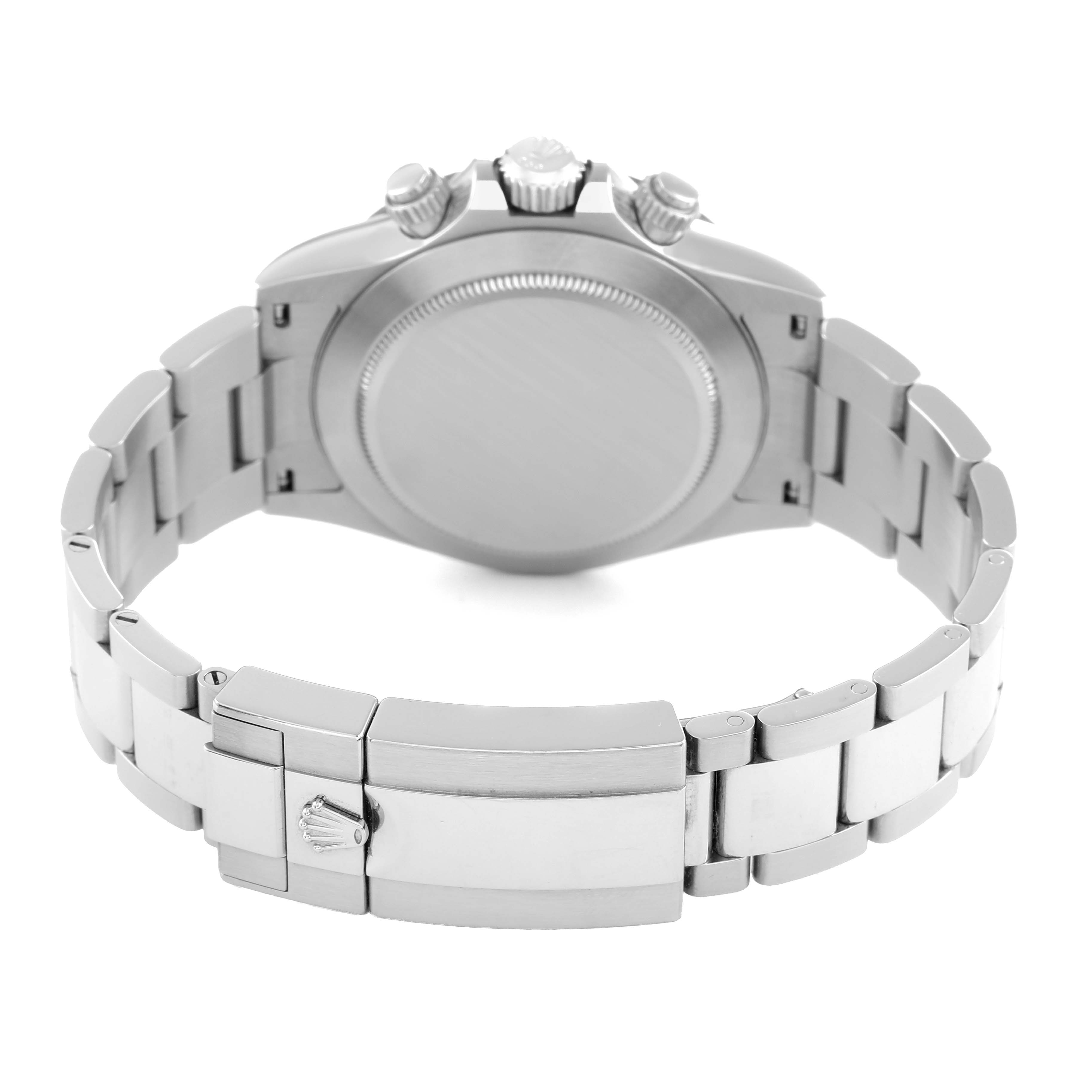 The image shows the back view of a Rolex Daytona 116500 Men
s Stainless Steel White Dial watch, highlighting the bracelet, clasp, case back, and crown.