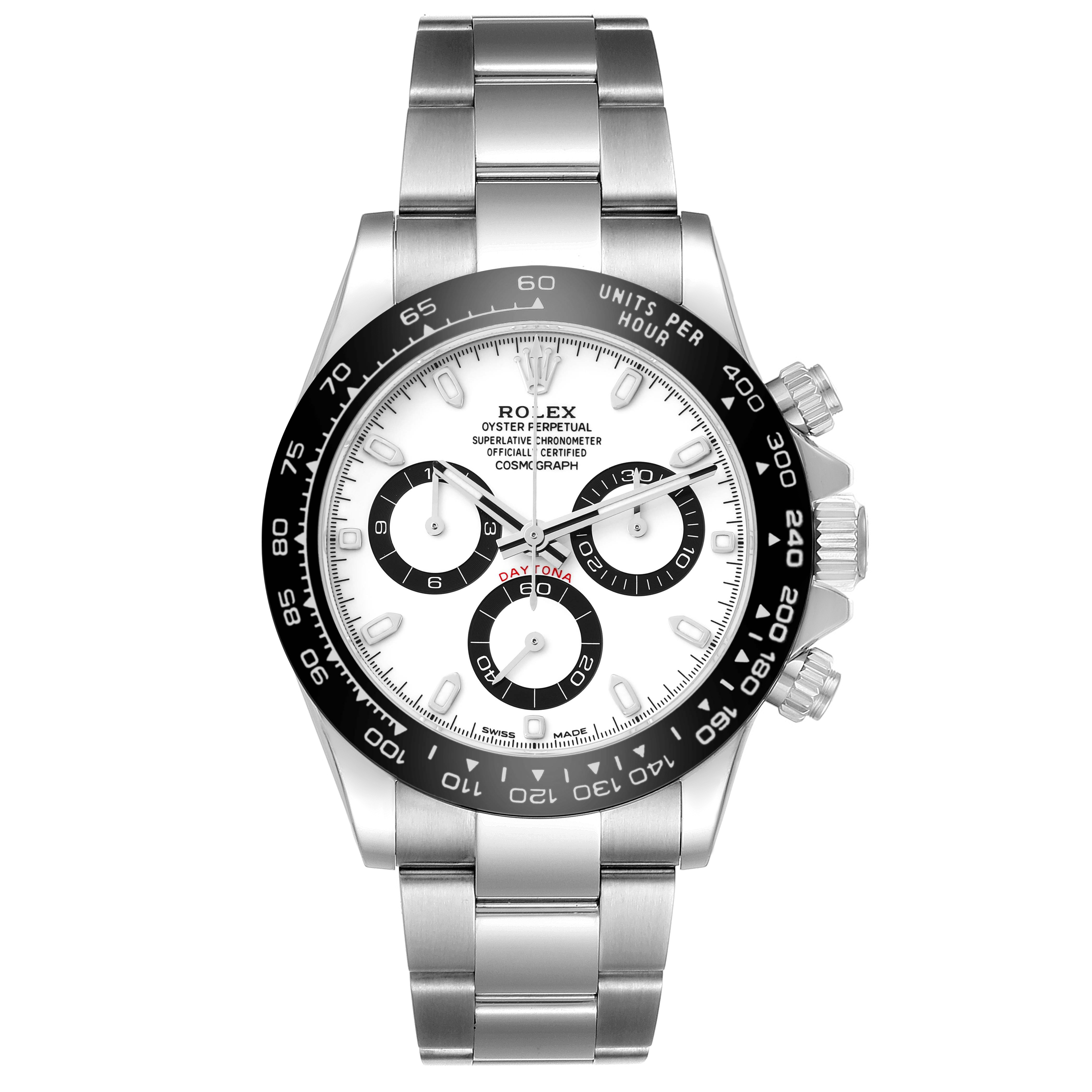 The Rolex Daytona 116500 Men
s Stainless Steel White Dial watch is shown from a top-down angle, displaying the face, bezel, crown, push buttons, and bracelet.