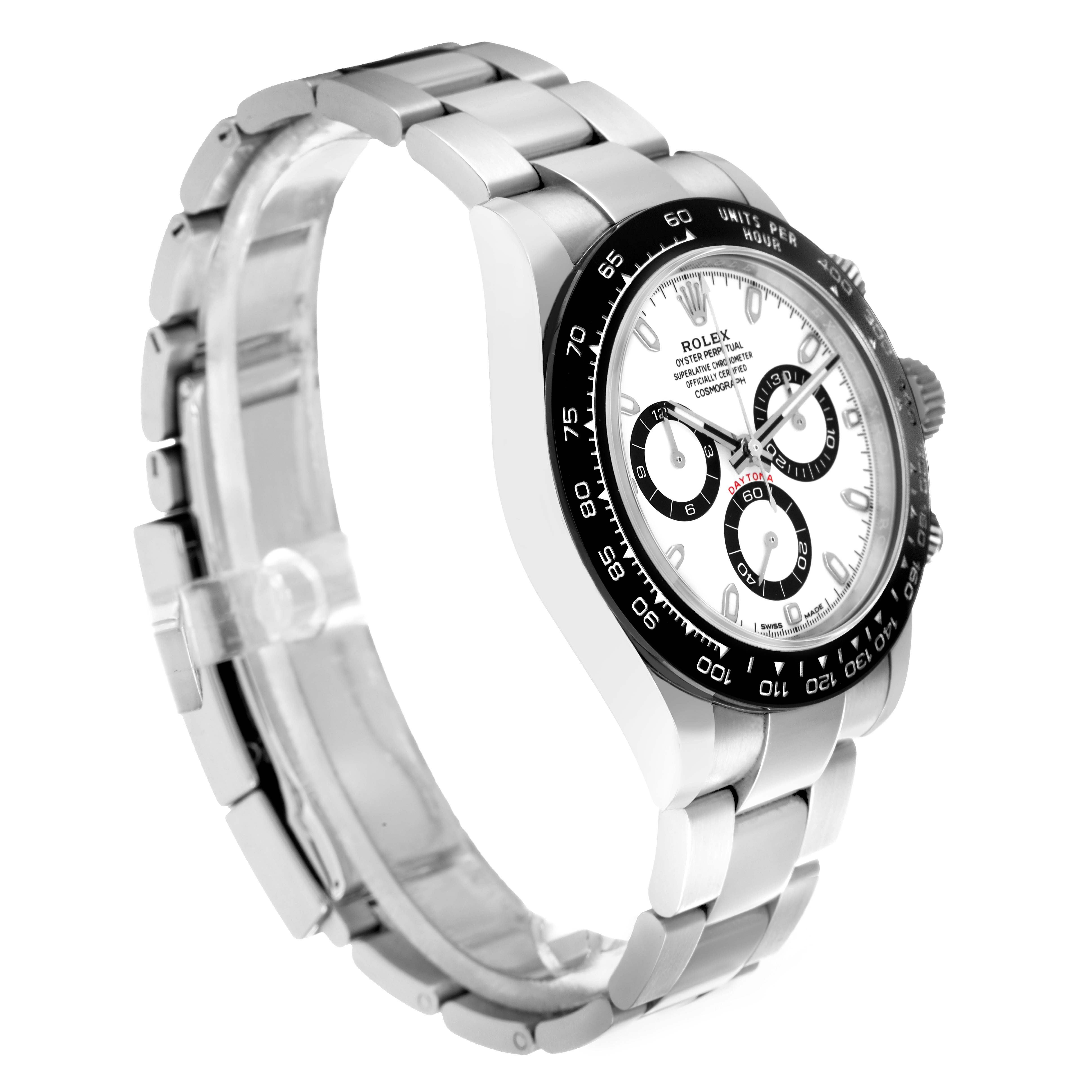 The Rolex Daytona 116500 Men
s Stainless Steel White Dial watch is shown in a side angle, highlighting the face, bezel, and stainless steel bracelet.