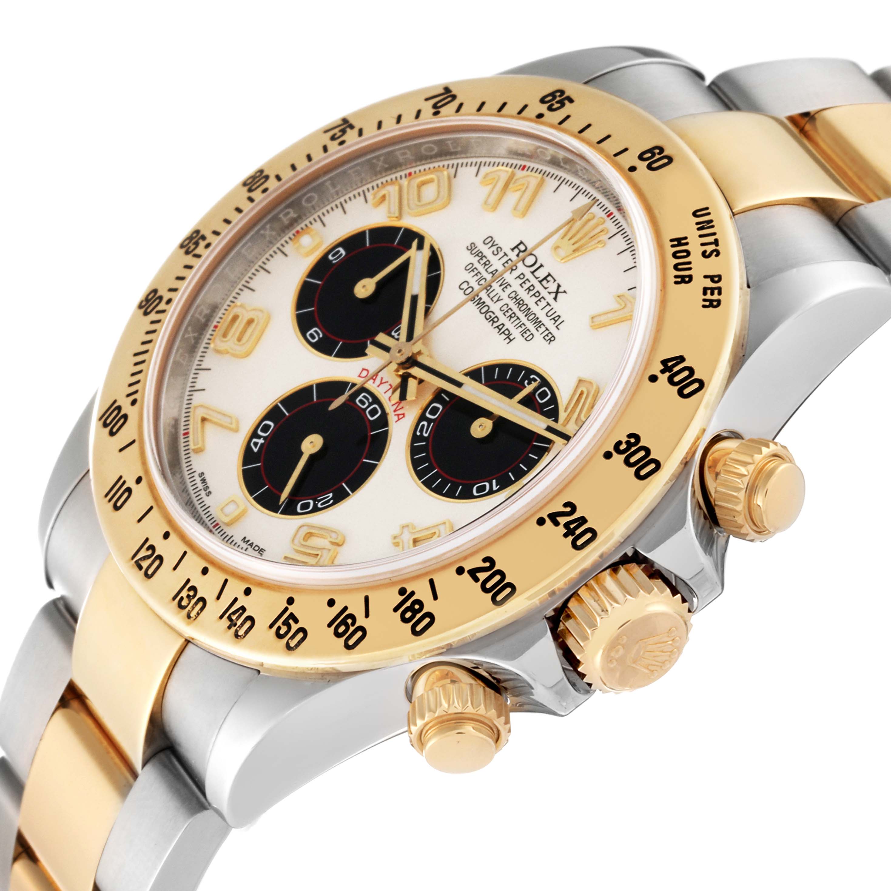 The image shows a side angle of a Rolex Daytona 116523 Men's Steel and Gold (two tone) Silver Dial 116523 Men's Steel and Gold (two tone) Silver Dial watch highlighting the gold bezel, crown, pushers, and partial bracelet.
