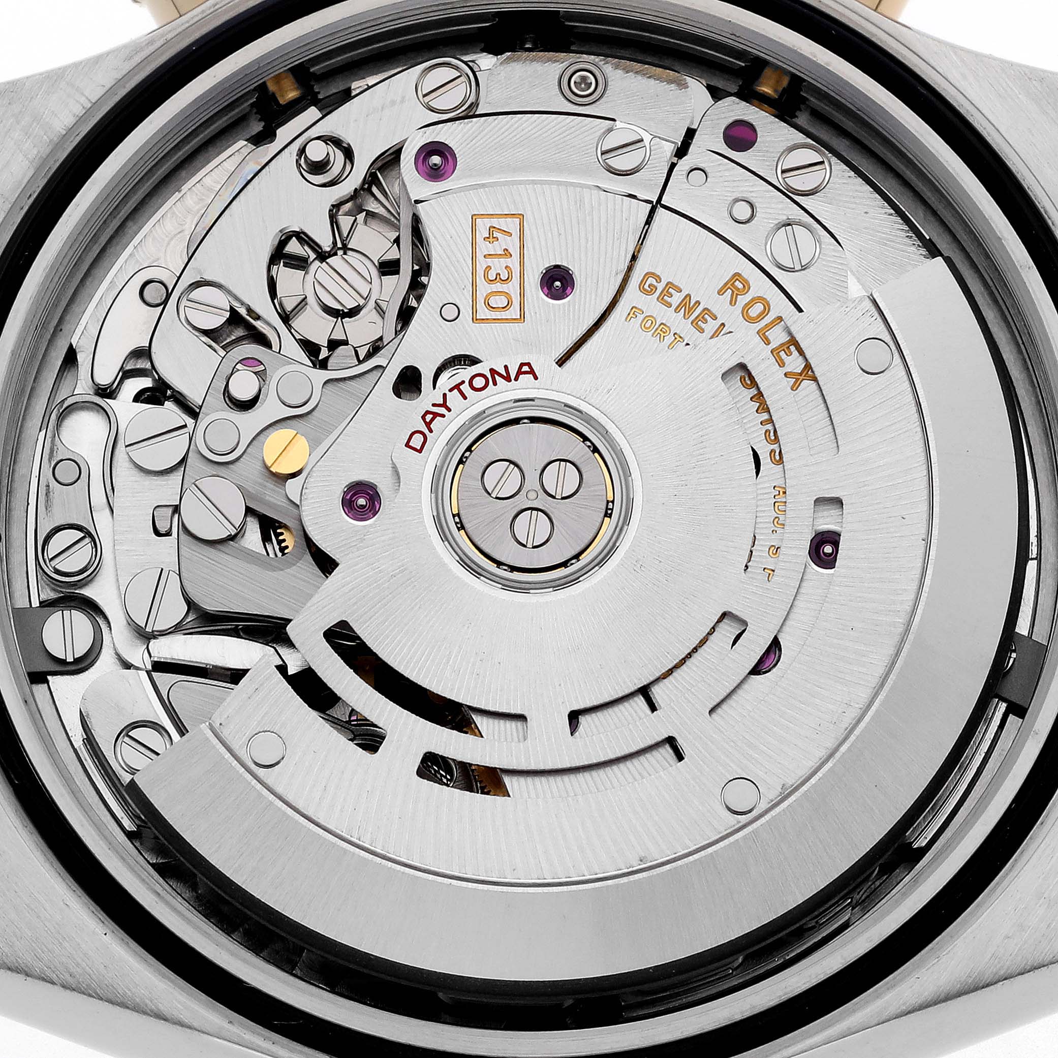 This image shows the movement mechanism of a Rolex Daytona 116523 Men's Steel and Gold (two tone) Silver Dial 116523 Men's Steel and Gold (two tone) Silver Dial watch viewed from the back.
