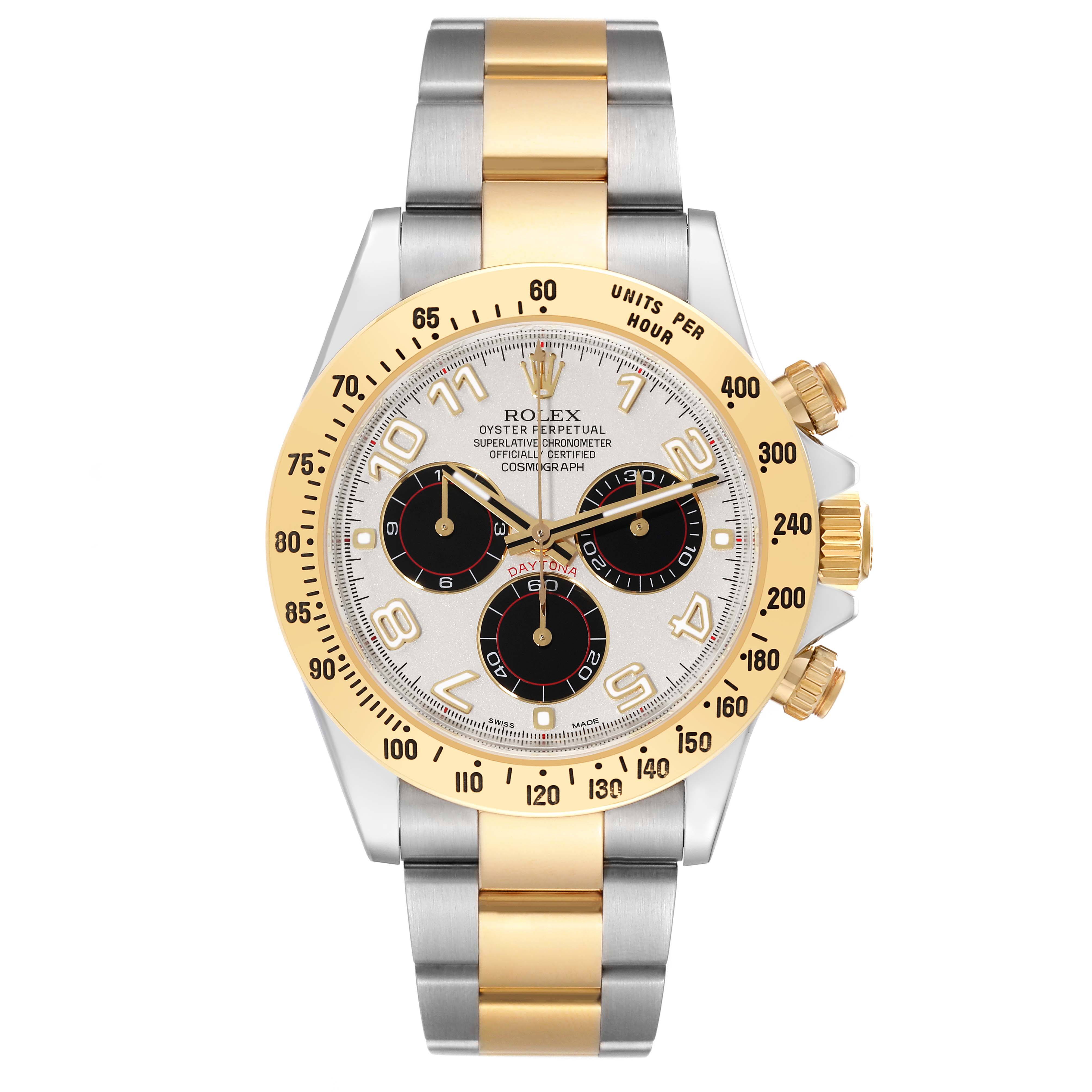 This image shows a front view of a Rolex Daytona 116523 Men's Steel and Gold (two tone) Silver Dial 116523 Men's Steel and Gold (two tone) Silver Dial watch, highlighting its dial, bezel, and two-tone bracelet.
