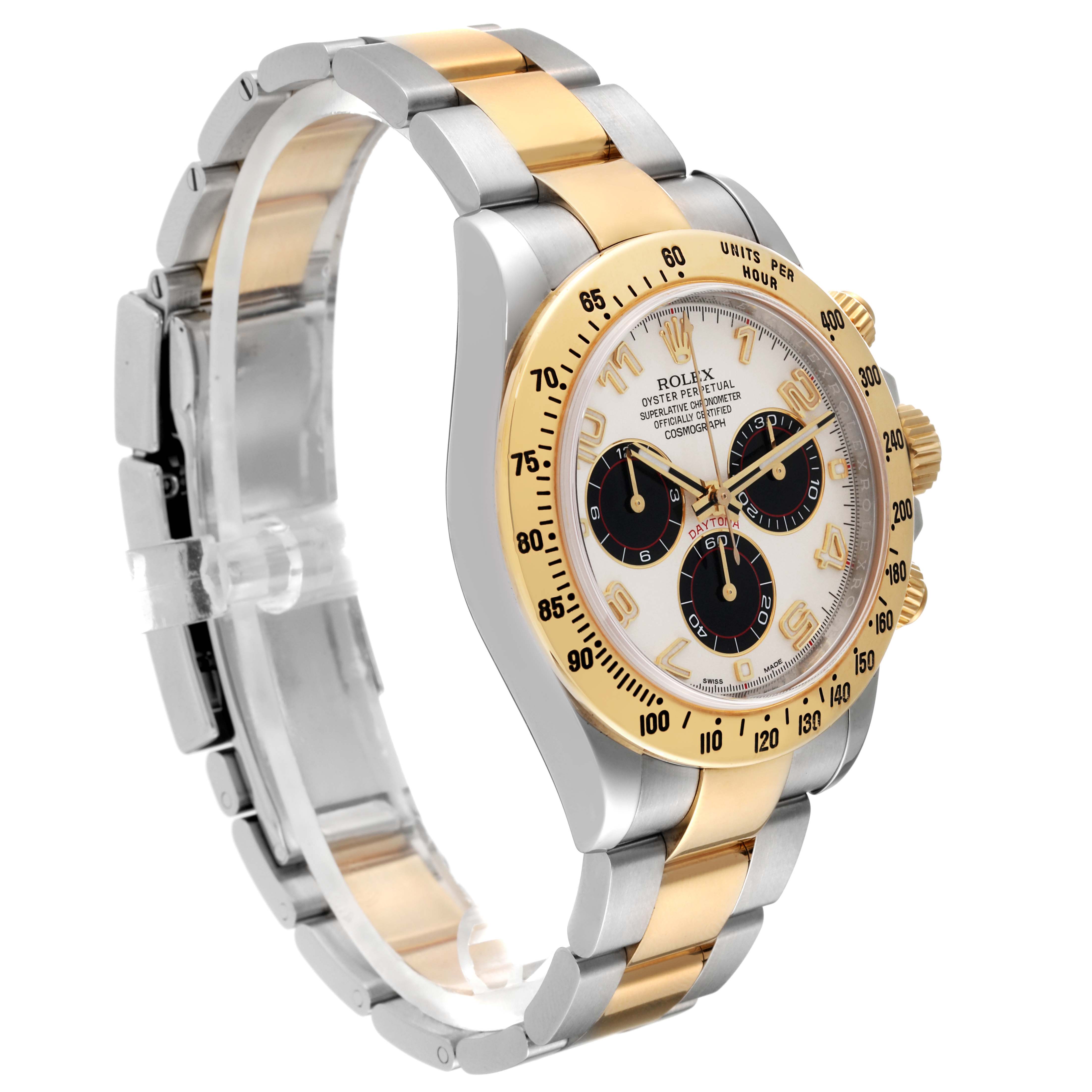 This image shows a side-angle view of a Rolex Daytona 116523 Men's Steel and Gold (two tone) Silver Dial 116523 Men's Steel and Gold (two tone) Silver Dial watch, highlighting its two-tone metal bracelet and detailed dial features.