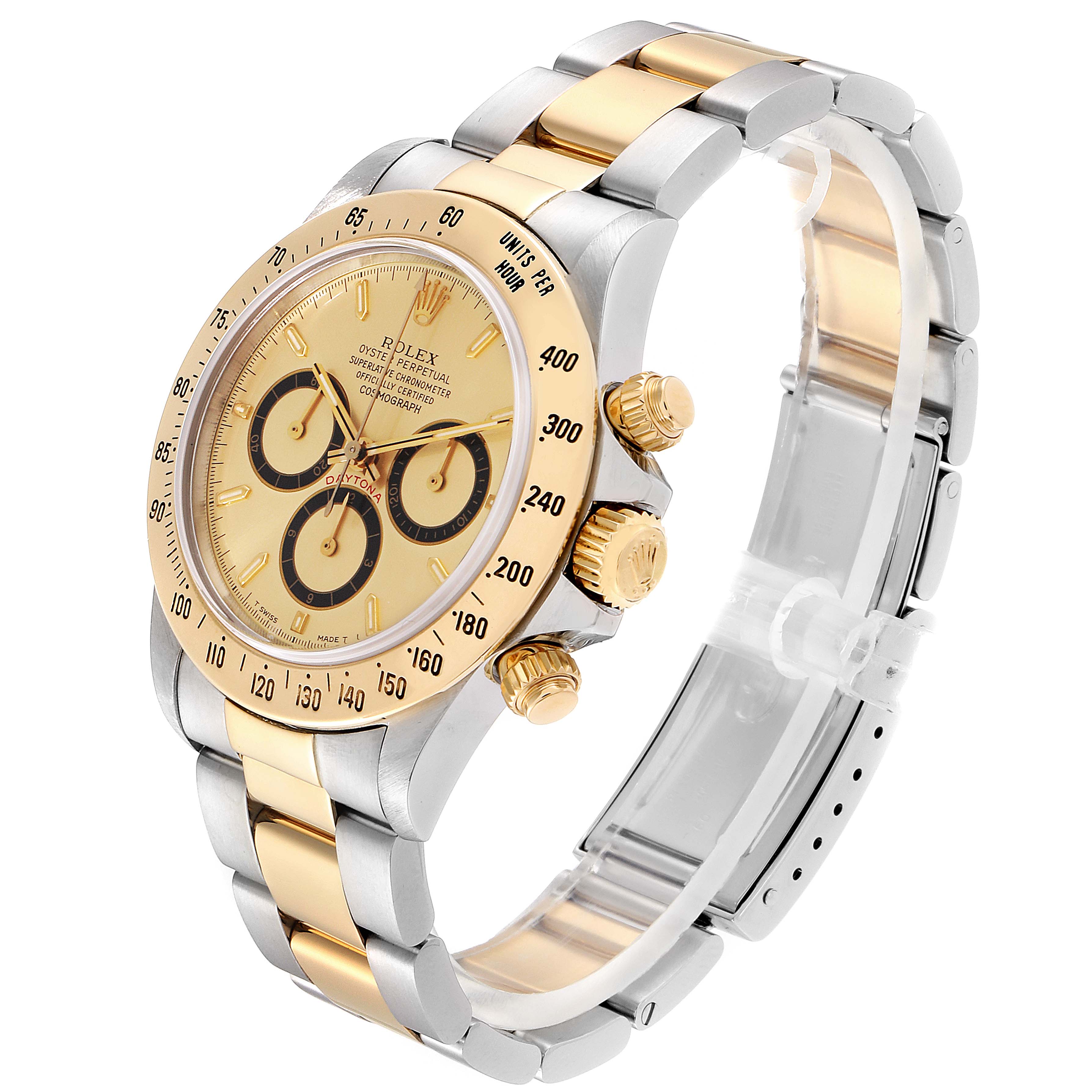 This image shows a side view of a Rolex Daytona 16523 Men's Steel and Gold (two tone) Champagne Dial 16523 Men's Steel and Gold (two tone) Champagne Dial watch, highlighting its dial, bezel, bracelet, and pushers.