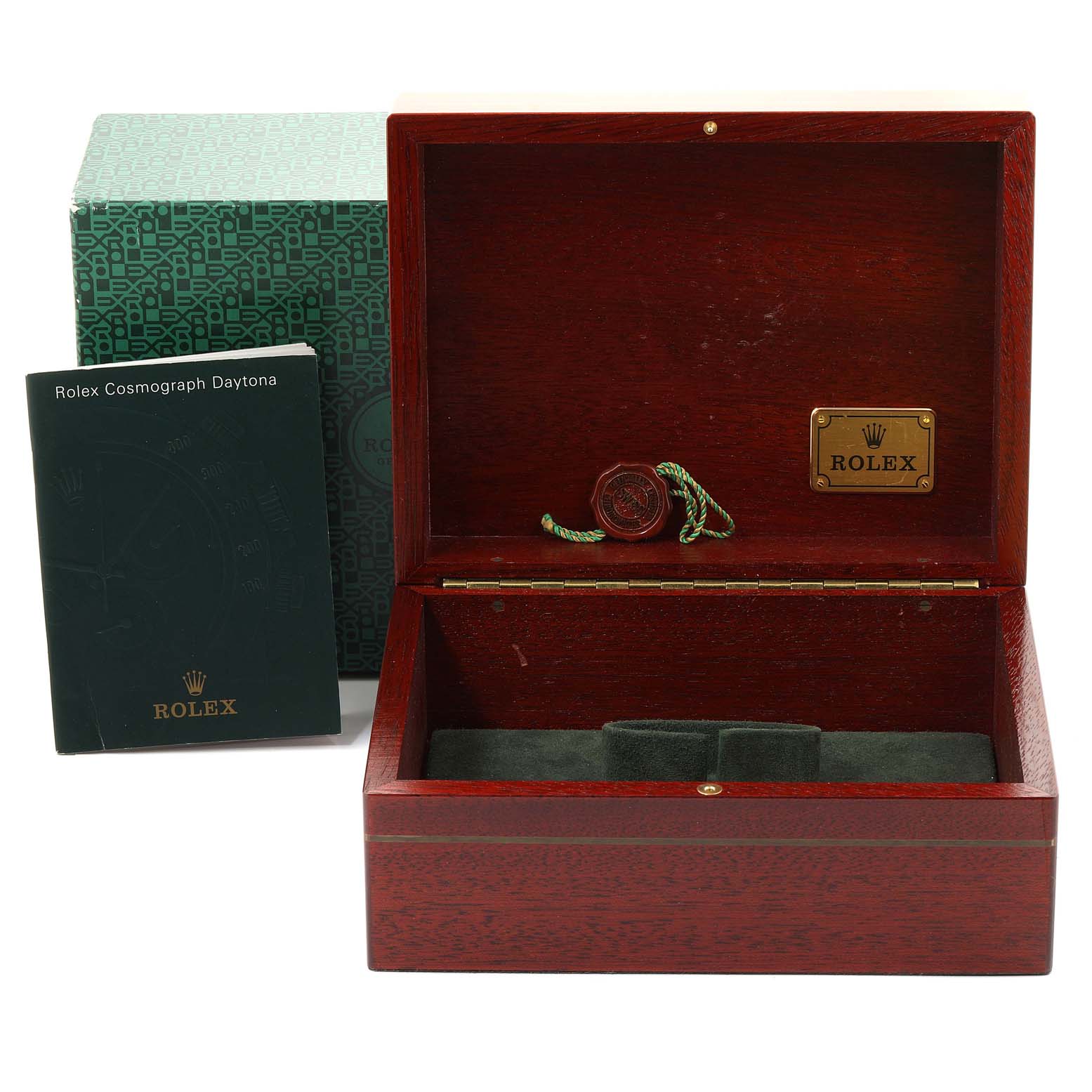 This image shows the opened wooden box, tags, and manual for a Rolex Daytona 16523 Men's Steel and Gold (two tone) Champagne Dial 16523 Men's Steel and Gold (two tone) Champagne Dial watch.