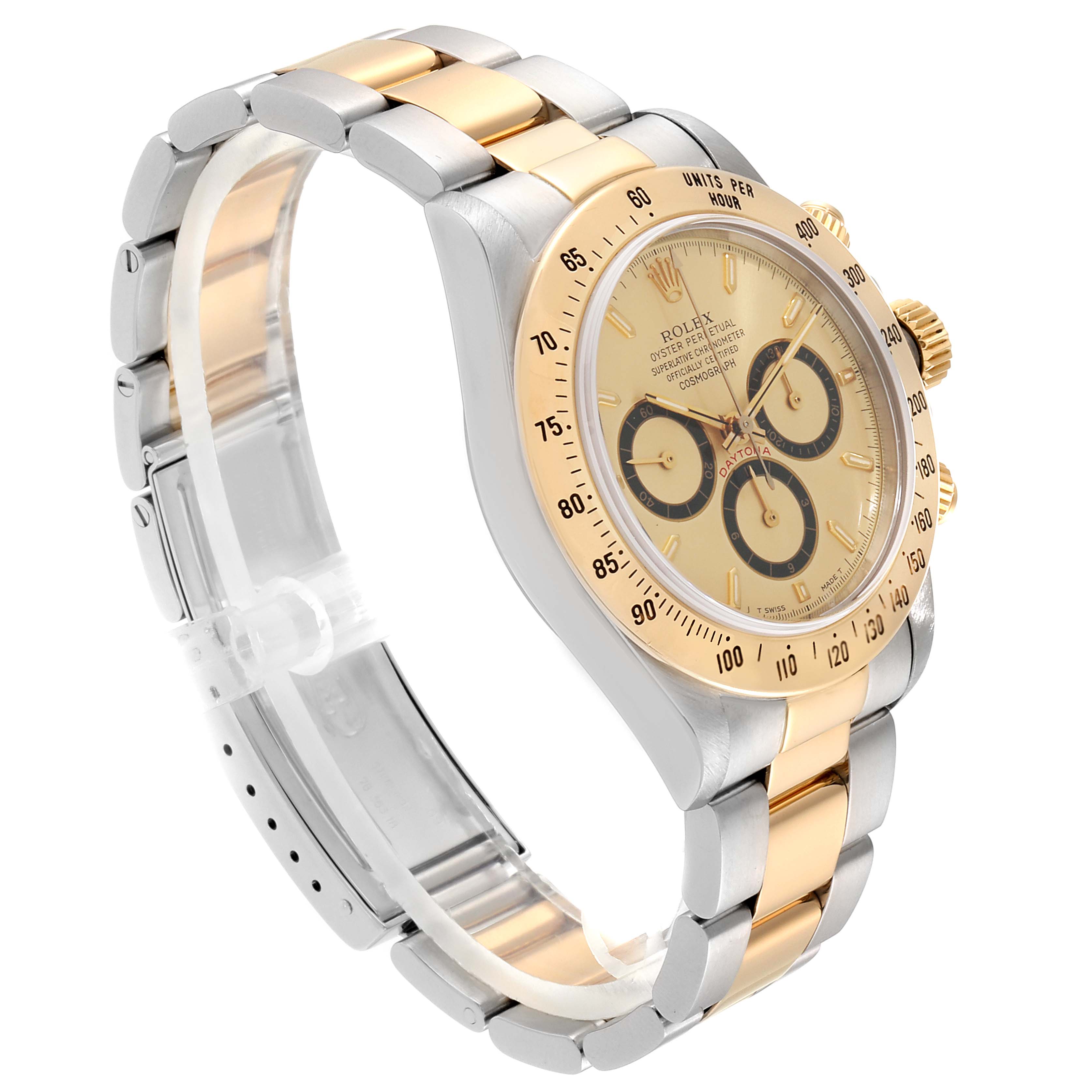 The Rolex Daytona 16523 Men's Steel and Gold (two tone) Champagne Dial 16523 Men's Steel and Gold (two tone) Champagne Dial watch is shown at a slight angle, displaying its gold and stainless steel band, bezel, dial, and sub-dials.