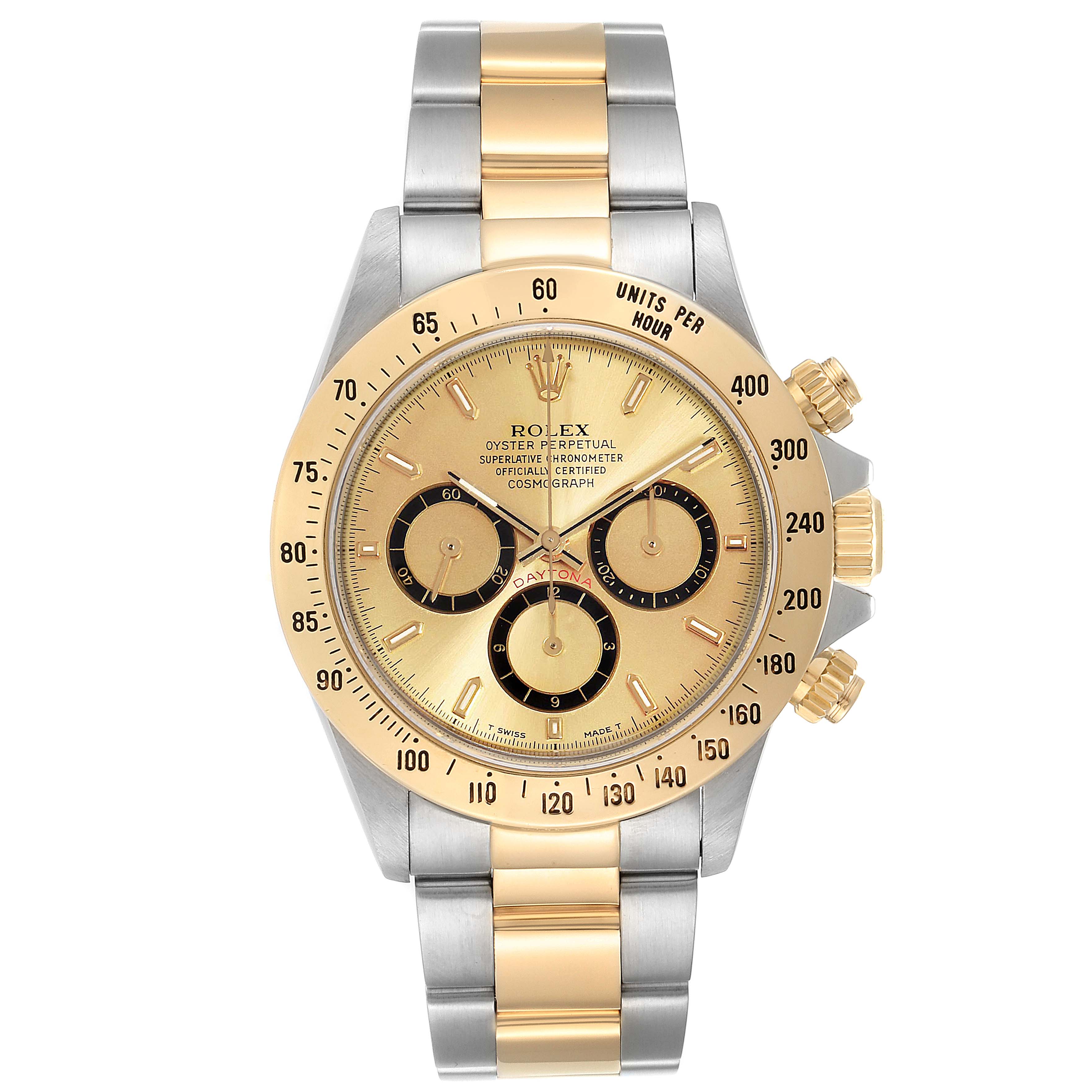 This image shows the front view of the Rolex Daytona 16523 Men's Steel and Gold (two tone) Champagne Dial 16523 Men's Steel and Gold (two tone) Champagne Dial watch, highlighting its dial, bezel, and bracelet.