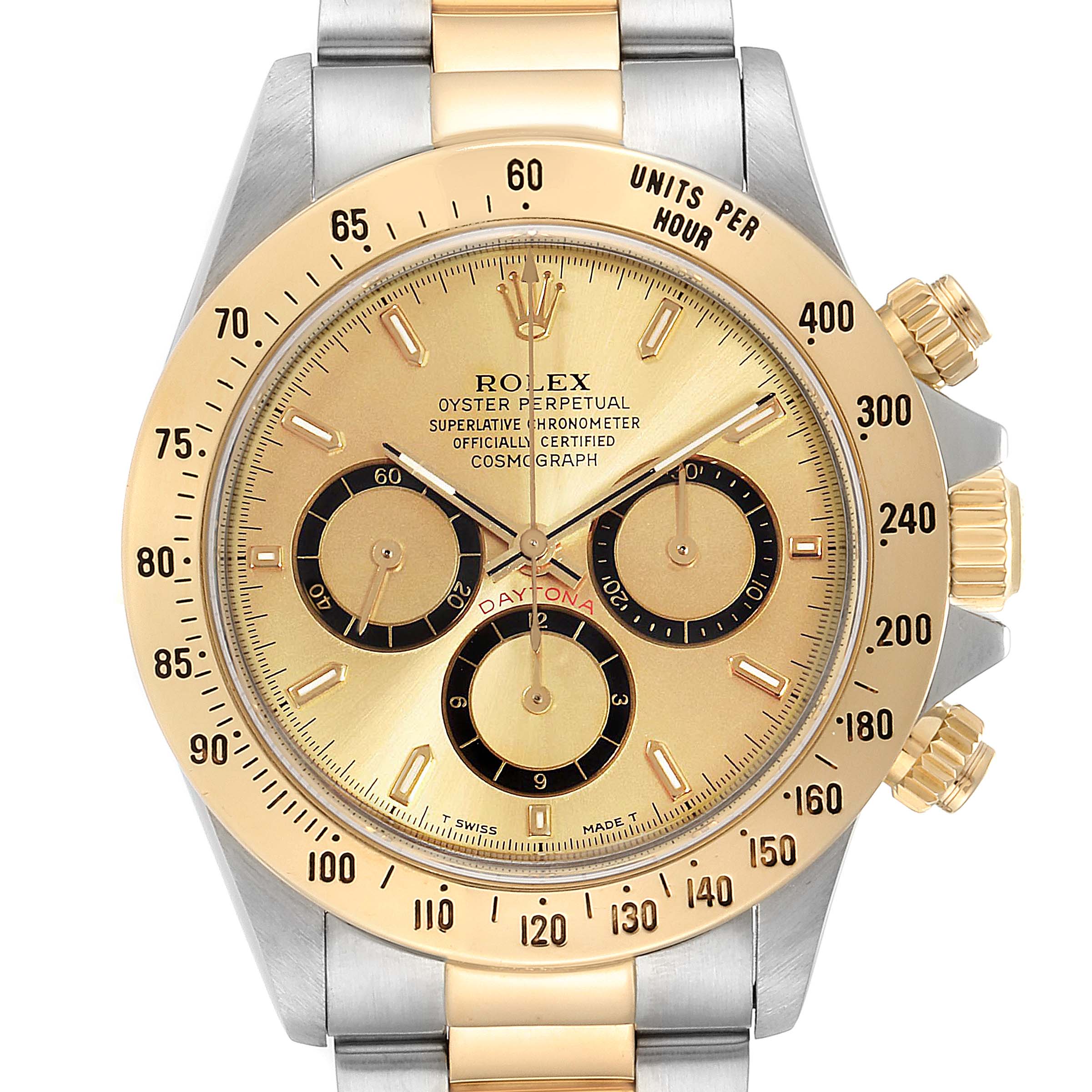 This image shows a front view of a Rolex Daytona 16523 Men's Steel and Gold (two tone) Champagne Dial 16523 Men's Steel and Gold (two tone) Champagne Dial watch, highlighting the dial, bezel, and crown.