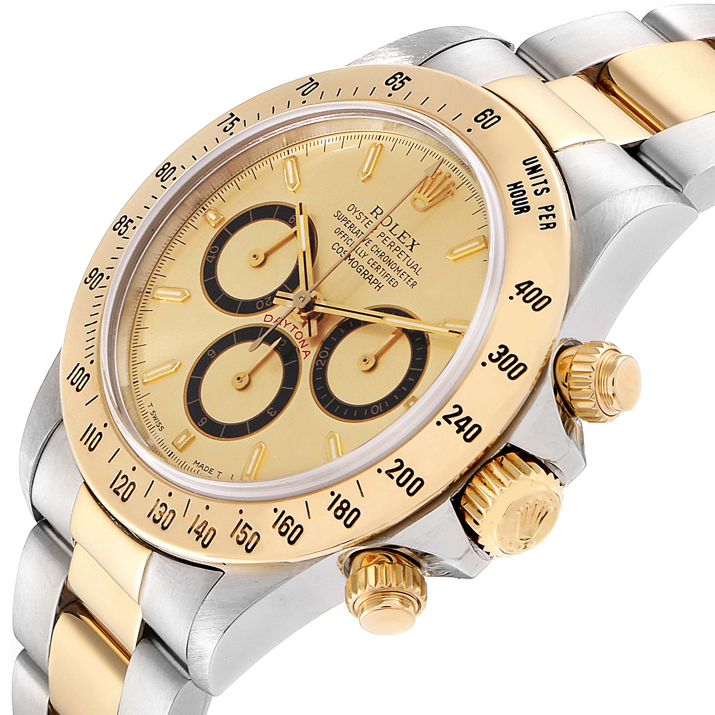 This image shows a close-up of the face, bezel, and side crown of a Rolex Daytona 16523 Men's Steel and Gold (two tone) Champagne Dial 16523 Men's Steel and Gold (two tone) Champagne Dial, taken at a slight angle.