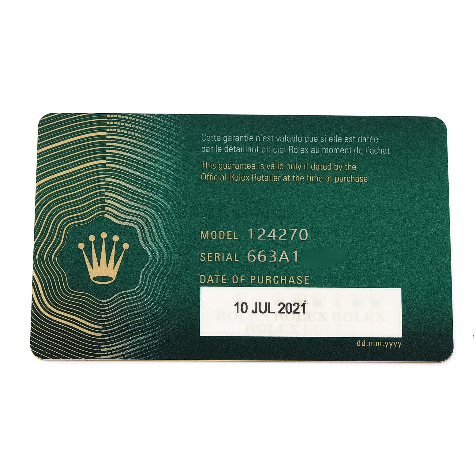 The image shows a warranty card for the Rolex Explorer 124270 Men
s Stainless Steel Black Dial model, featuring the serial number, model number, and purchase date.