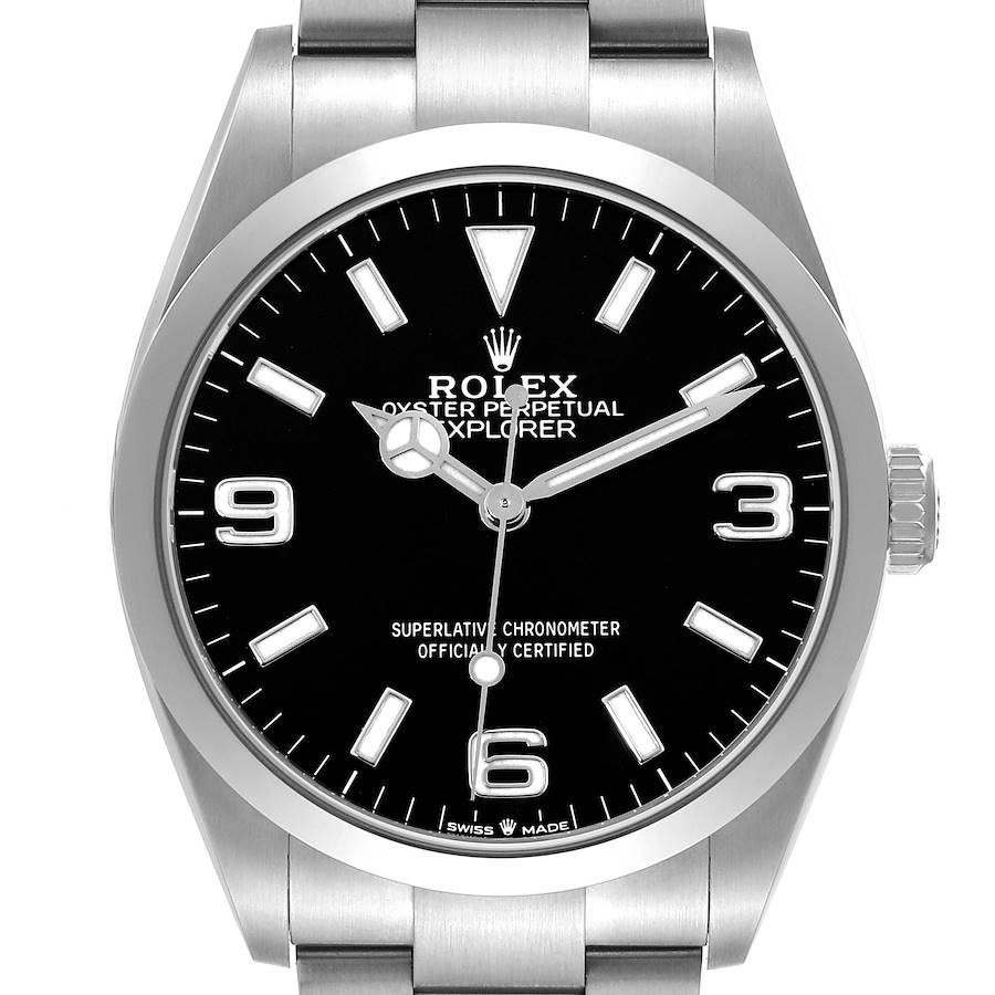 The Rolex Explorer 124270 Men's Stainless Steel Black Dial watch is shown in a front-facing angle, displaying the dial, hands, bezel, and bracelet upper links.