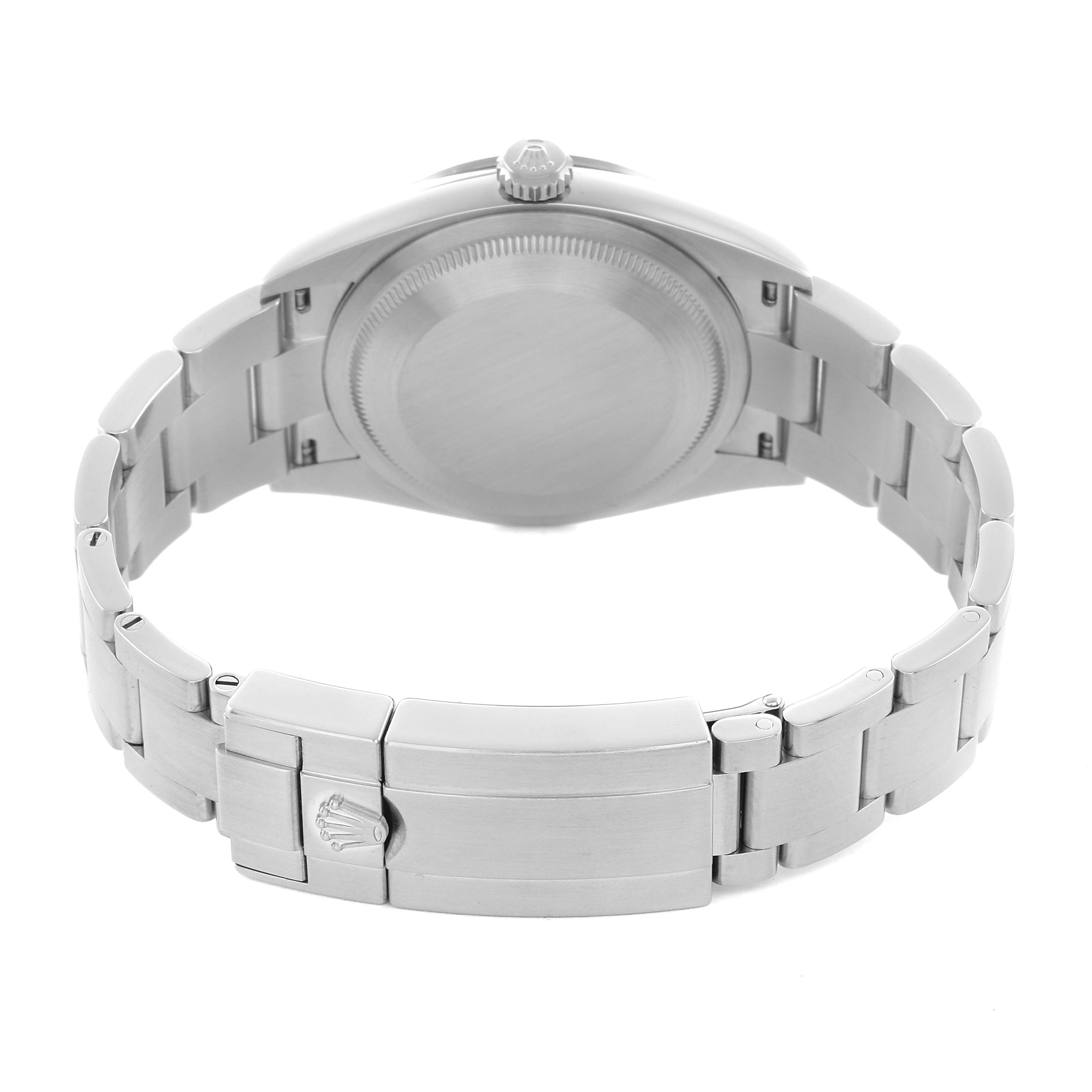 The image shows the back of a Rolex Explorer 124270 Men
s Stainless Steel Black Dial, highlighting the case back, crown, and bracelet, with the clasp open.