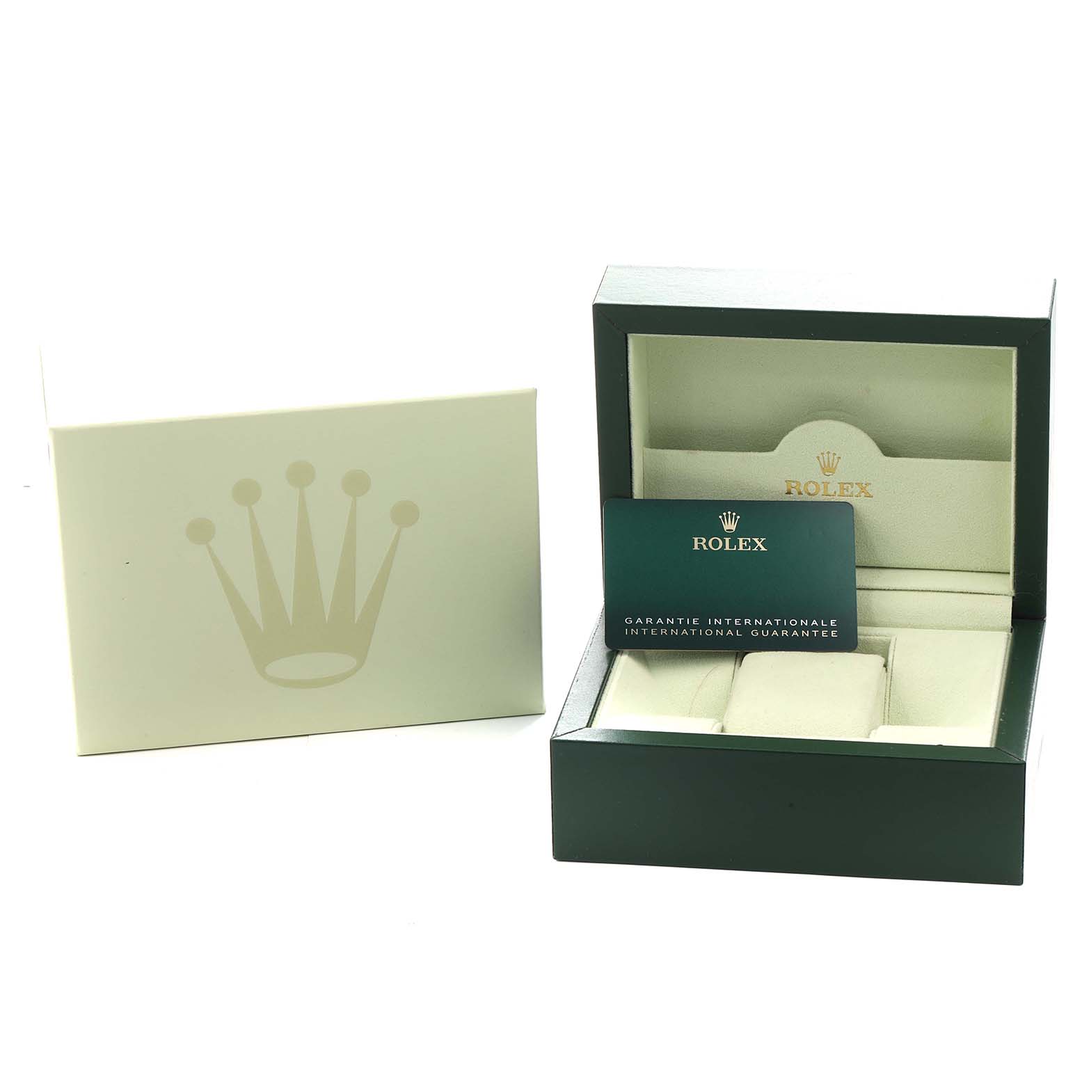 The image shows a Rolex Explorer 124270 Men
s Stainless Steel Black Dial watch box, open, with a guarantee card and outer box displayed at a slight angle.