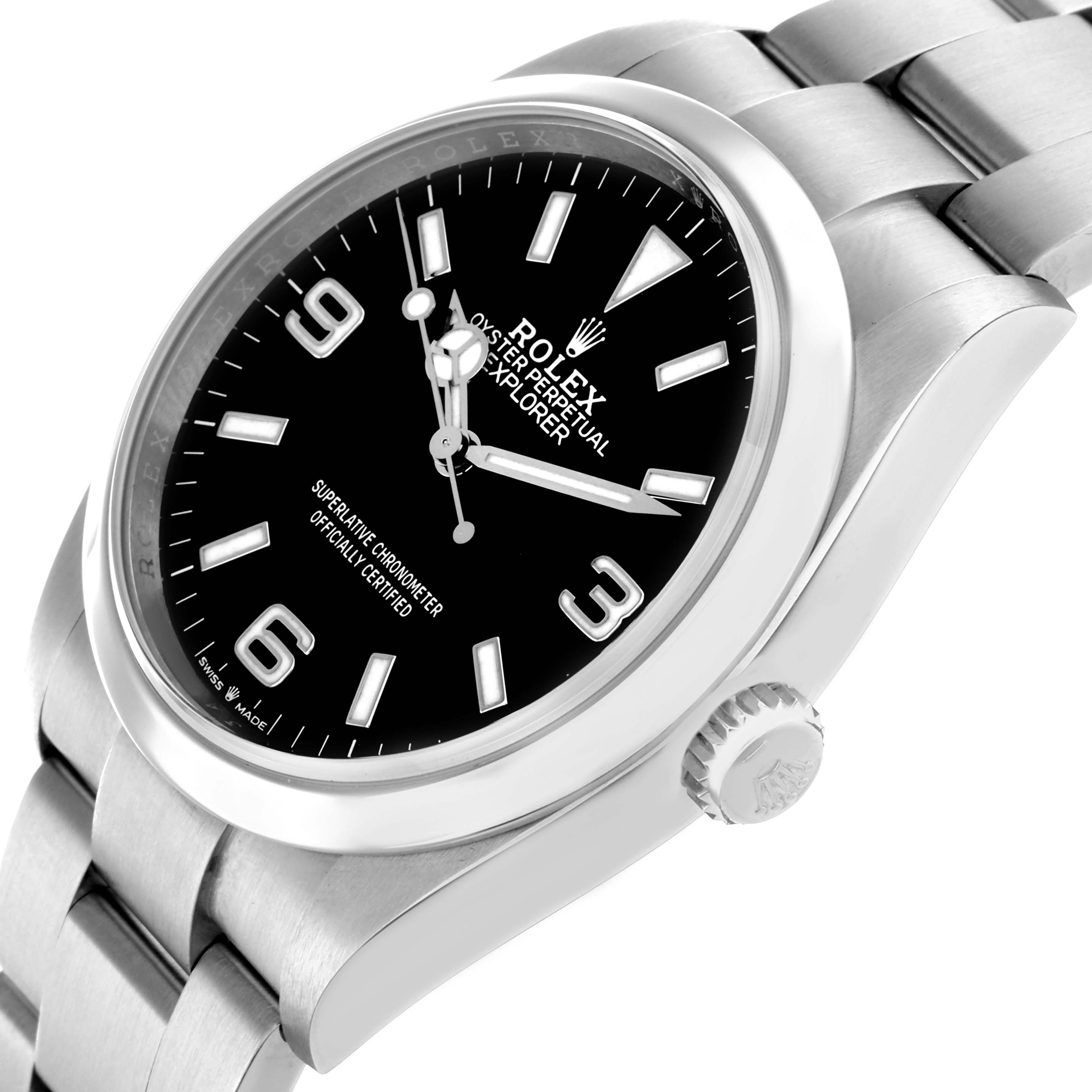 The Rolex Explorer 124270 Men
s Stainless Steel Black Dial watch is shown at an angle highlighting the dial, bezel, crown, and a portion of the bracelet.