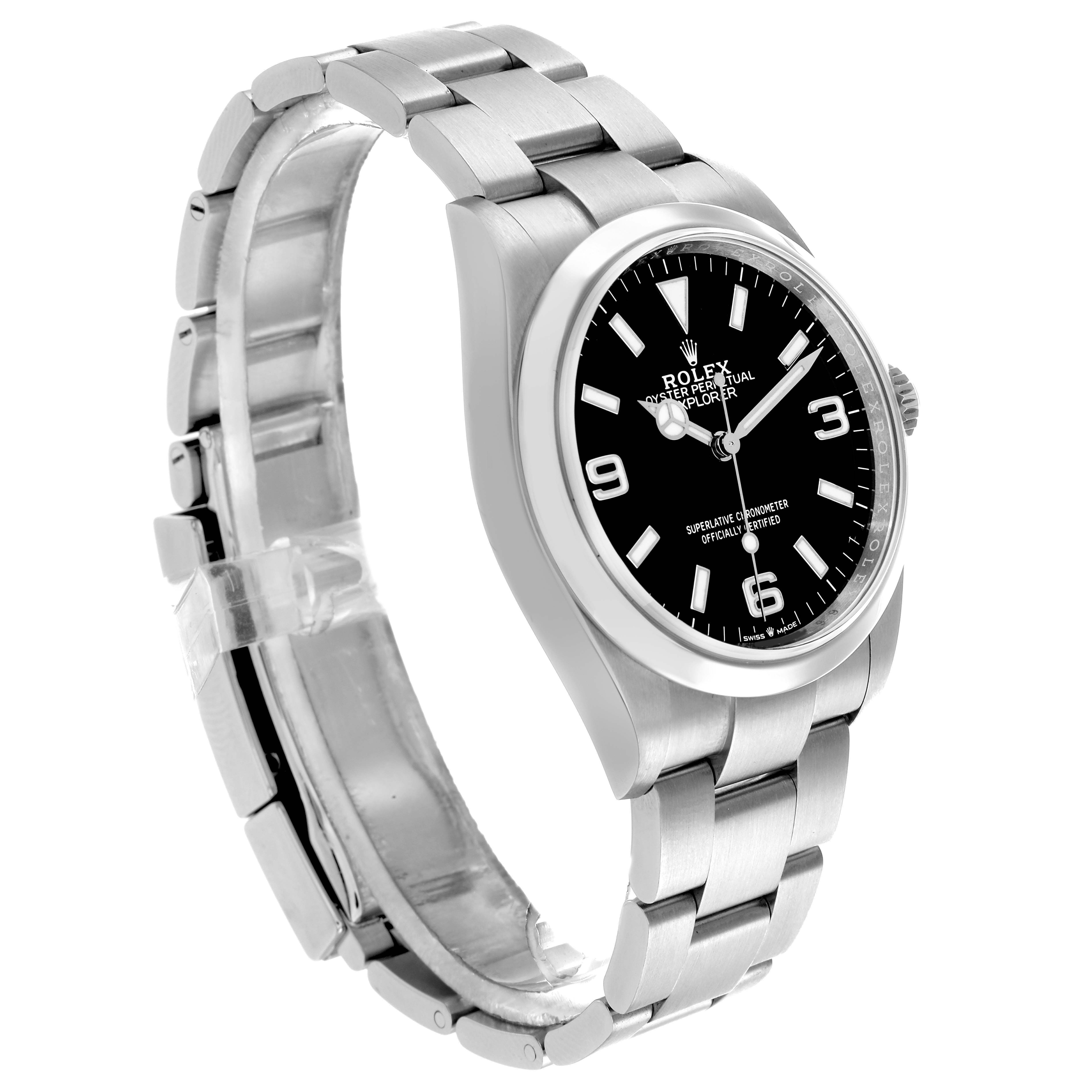 The Rolex Explorer 124270 Men
s Stainless Steel Black Dial watch is shown at an angled side view, highlighting its stainless steel case, black dial, and bracelet.