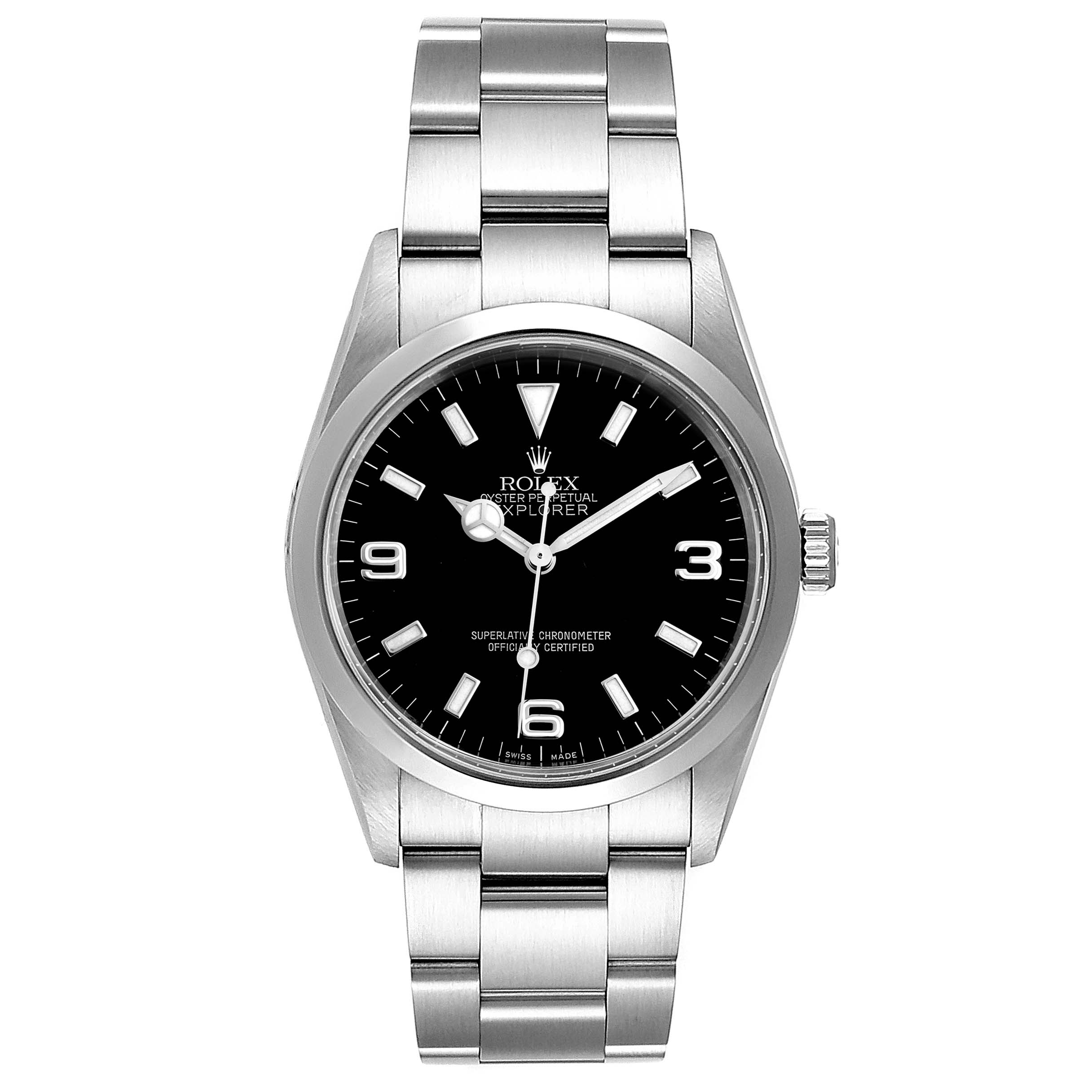 This Rolex Explorer 114270 Men
s Stainless Steel Black Dial 114270 Men
s Stainless Steel Black Dial watch is shown from a front angle, highlighting its black dial, silver bracelet, and crown.