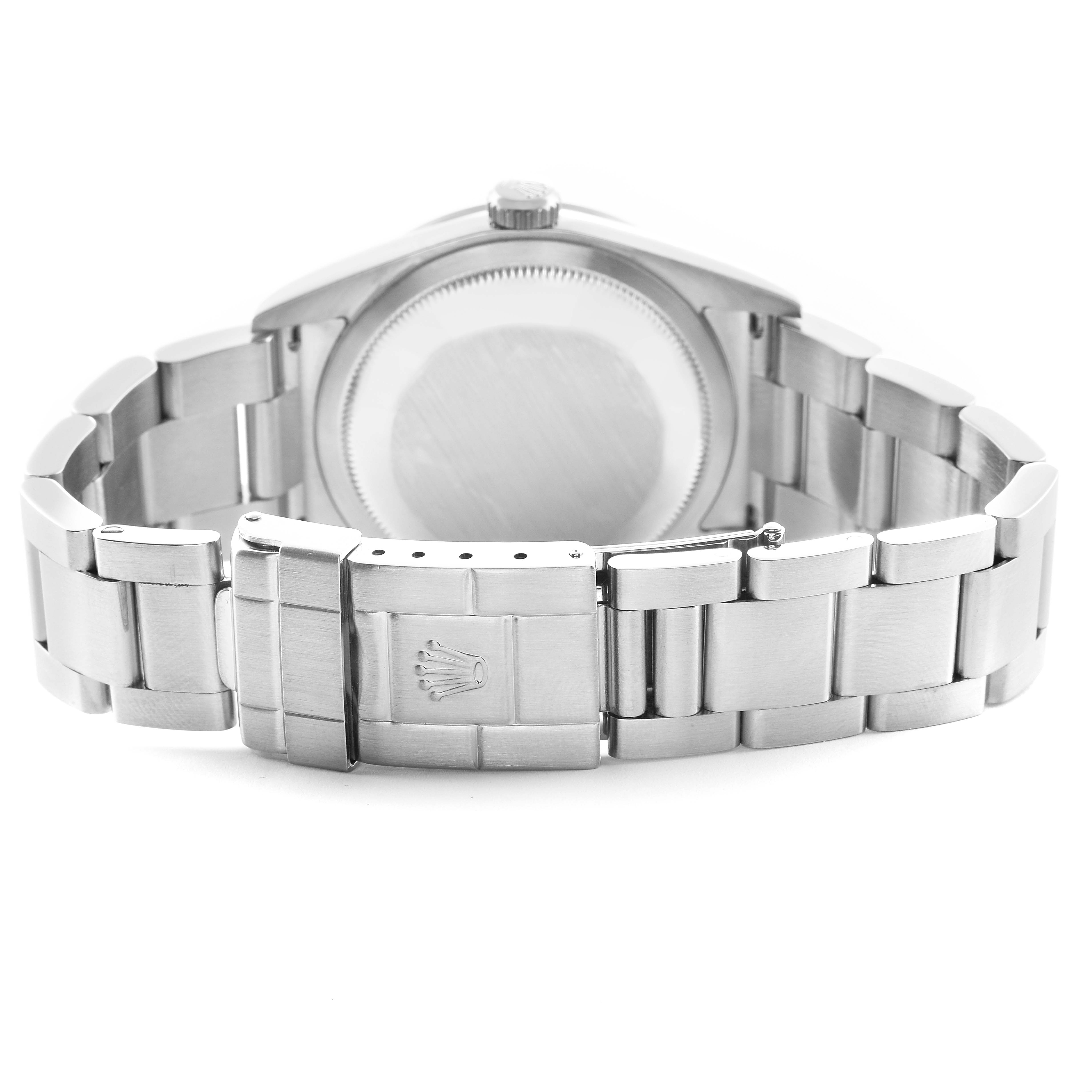 The image shows the back and bracelet clasp of a Rolex Explorer 114270 Men
s Stainless Steel Black Dial 114270 Men
s Stainless Steel Black Dial watch from a rear view angle.