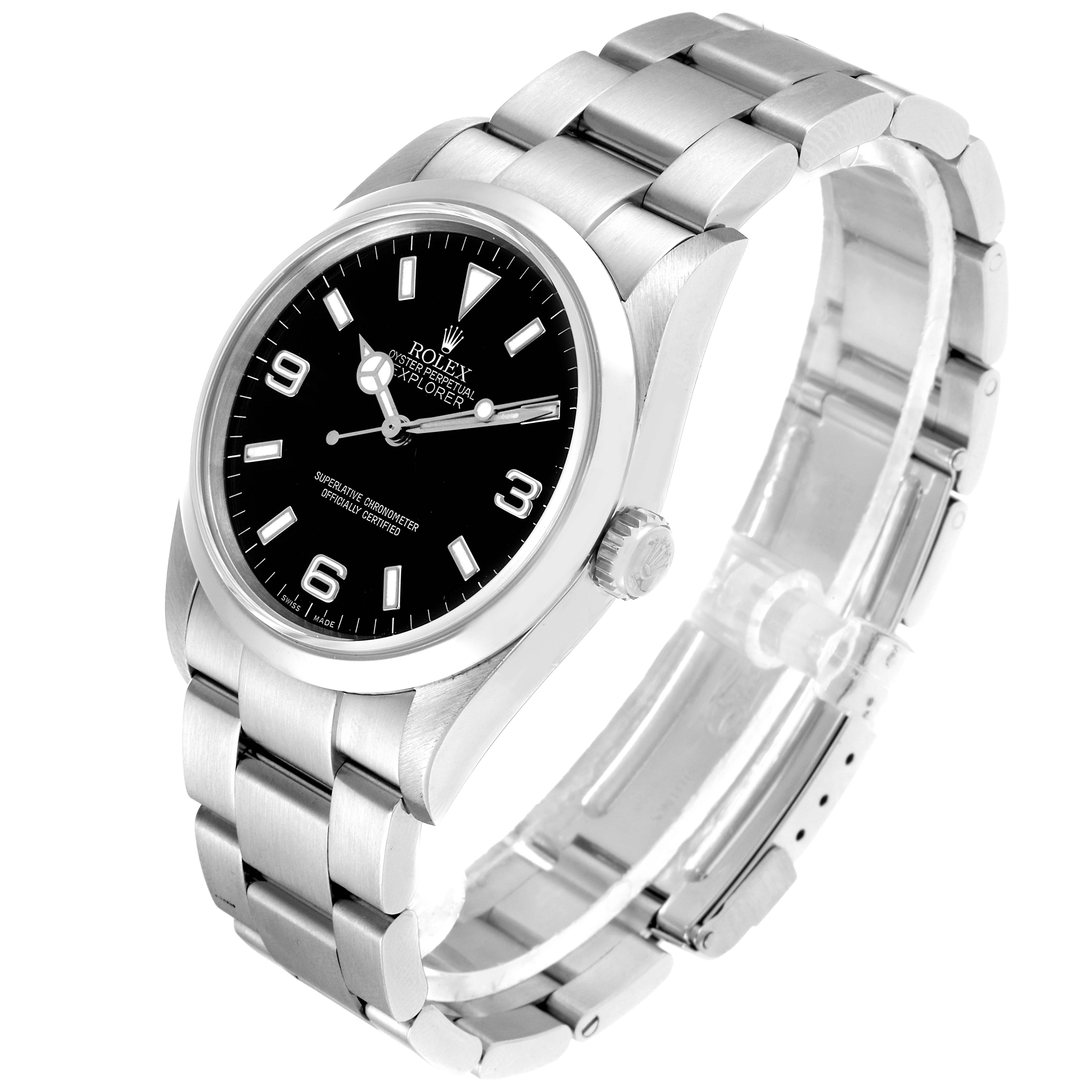 This image shows a side angle of the Rolex Explorer 114270 Men
s Stainless Steel Black Dial 114270 Men
s Stainless Steel Black Dial watch, highlighting its dial, bezel, crown, and bracelet.
