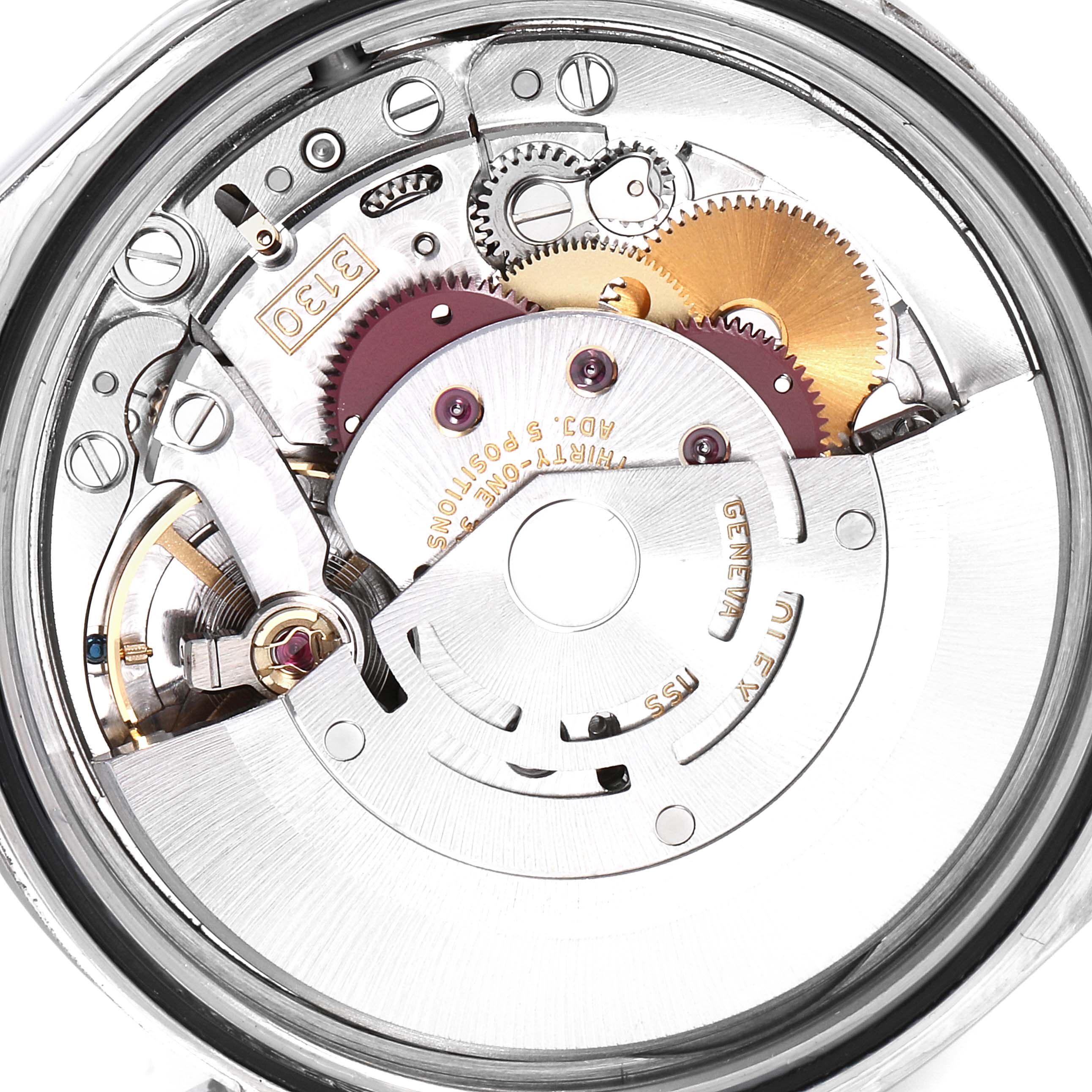 The image shows the internal mechanism of the Rolex Explorer 114270 Men
s Stainless Steel Black Dial 114270 Men
s Stainless Steel Black Dial watch from a close-up, top-down angle.