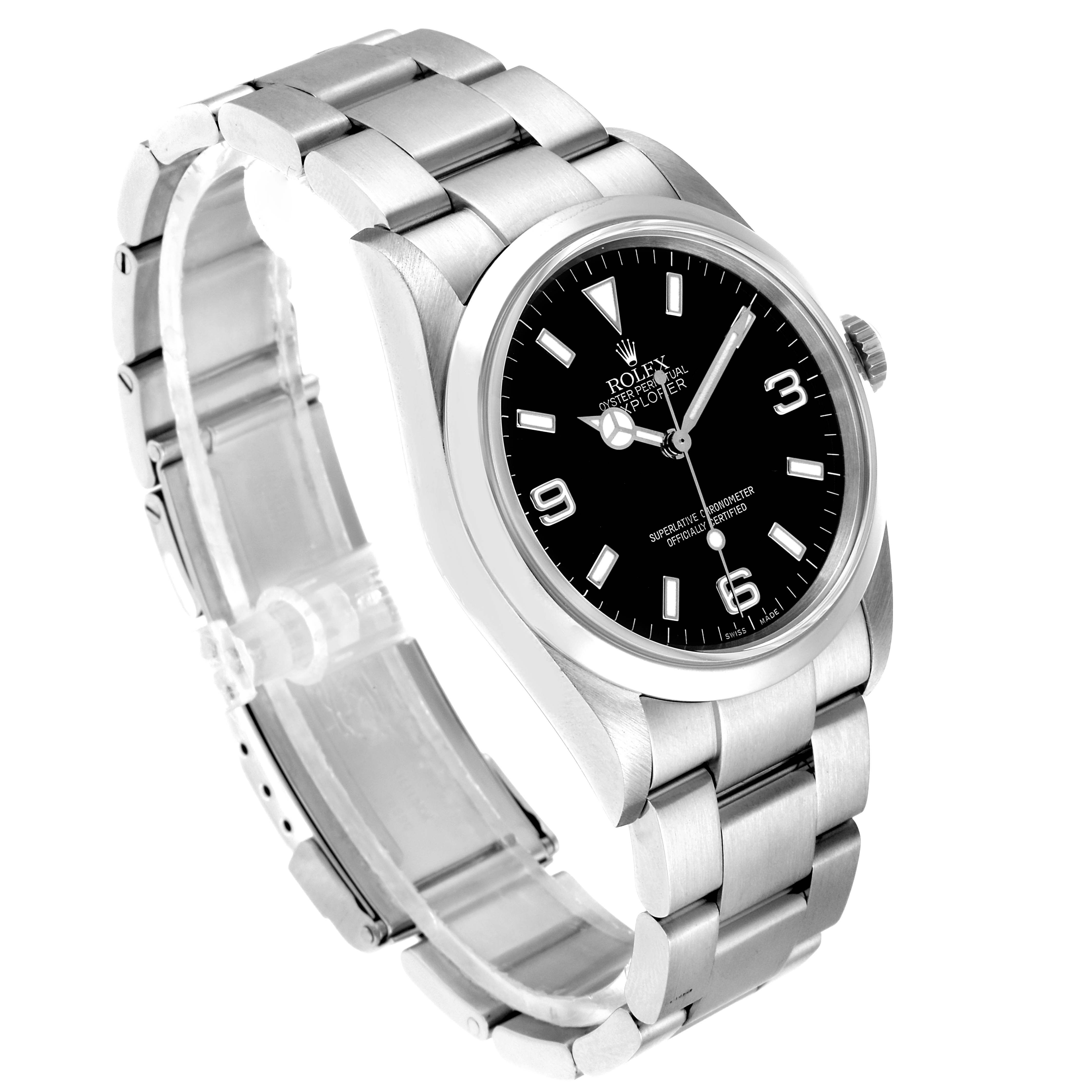 The image shows a side-angle view of a Rolex Explorer 114270 Men
s Stainless Steel Black Dial 114270 Men
s Stainless Steel Black Dial watch, highlighting its black dial, stainless steel case, and bracelet.