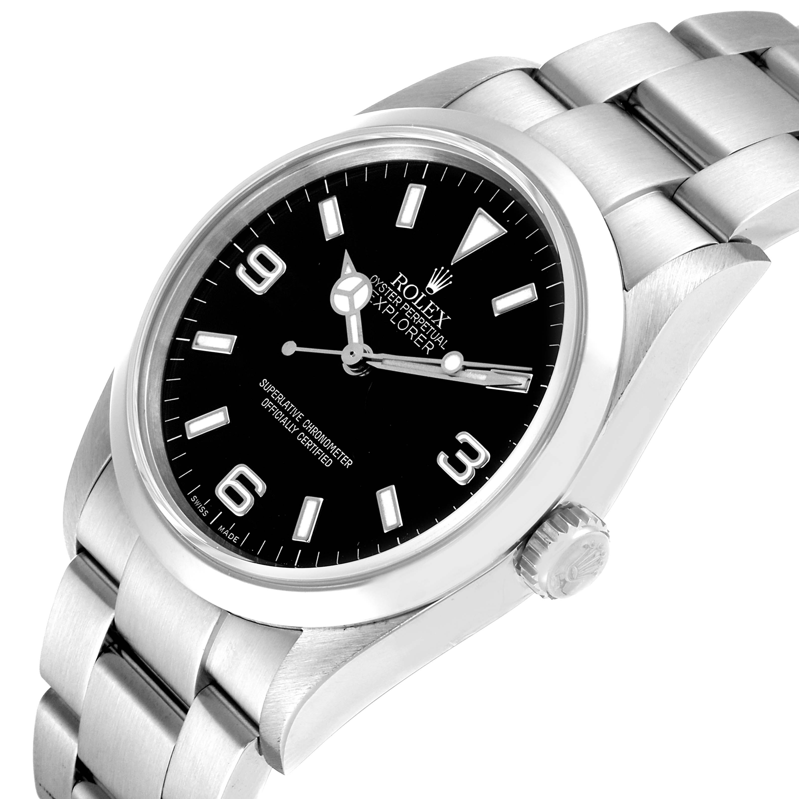 This image shows a top-angle view of the Rolex Explorer 114270 Men
s Stainless Steel Black Dial 114270 Men
s Stainless Steel Black Dial watch, highlighting the face, bezel, and bracelet.