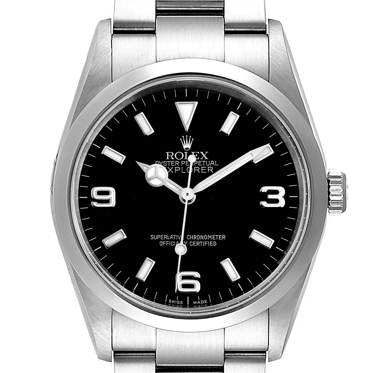 The image shows a Rolex Explorer 114270 Men
s Stainless Steel Black Dial 114270 Men
s Stainless Steel Black Dial watch in a front-facing angle displaying the dial, markers, hands, and part of the bracelet.