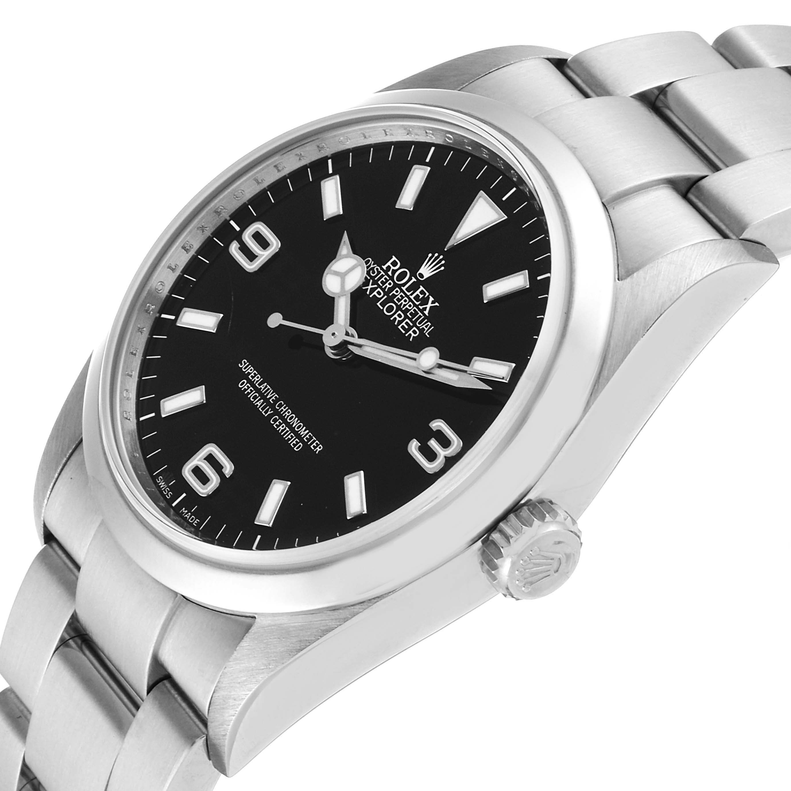 The image shows a side angle of the Rolex Explorer 114270 Men's Stainless Steel Black Dial 114270 Men's Stainless Steel Black Dial model, highlighting the dial, bezel, crown, and part of the bracelet.