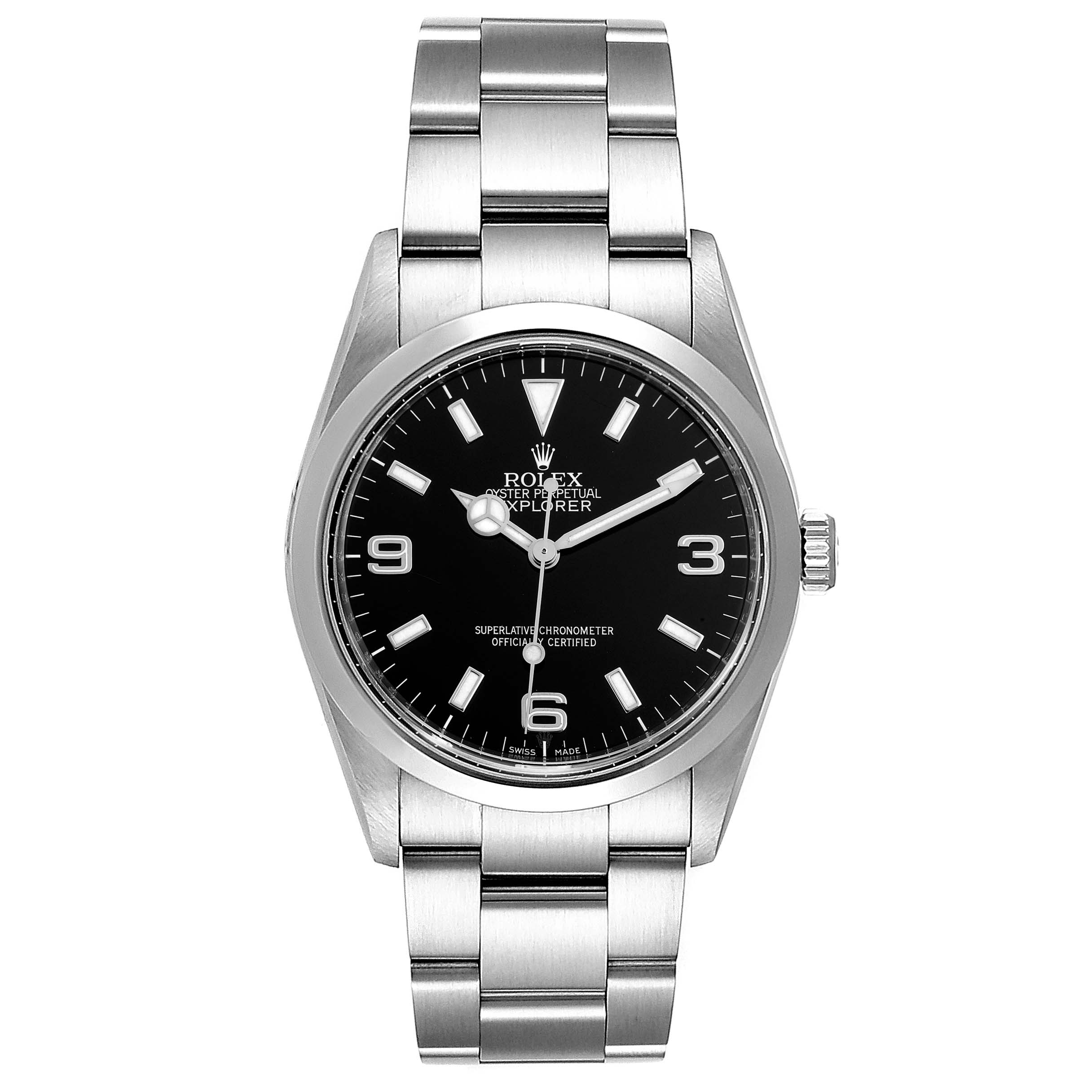 The image shows a frontal view of the Rolex Explorer 114270 Men's Stainless Steel Black Dial 114270 Men's Stainless Steel Black Dial model watch, highlighting its black dial, steel case, and stainless steel bracelet.