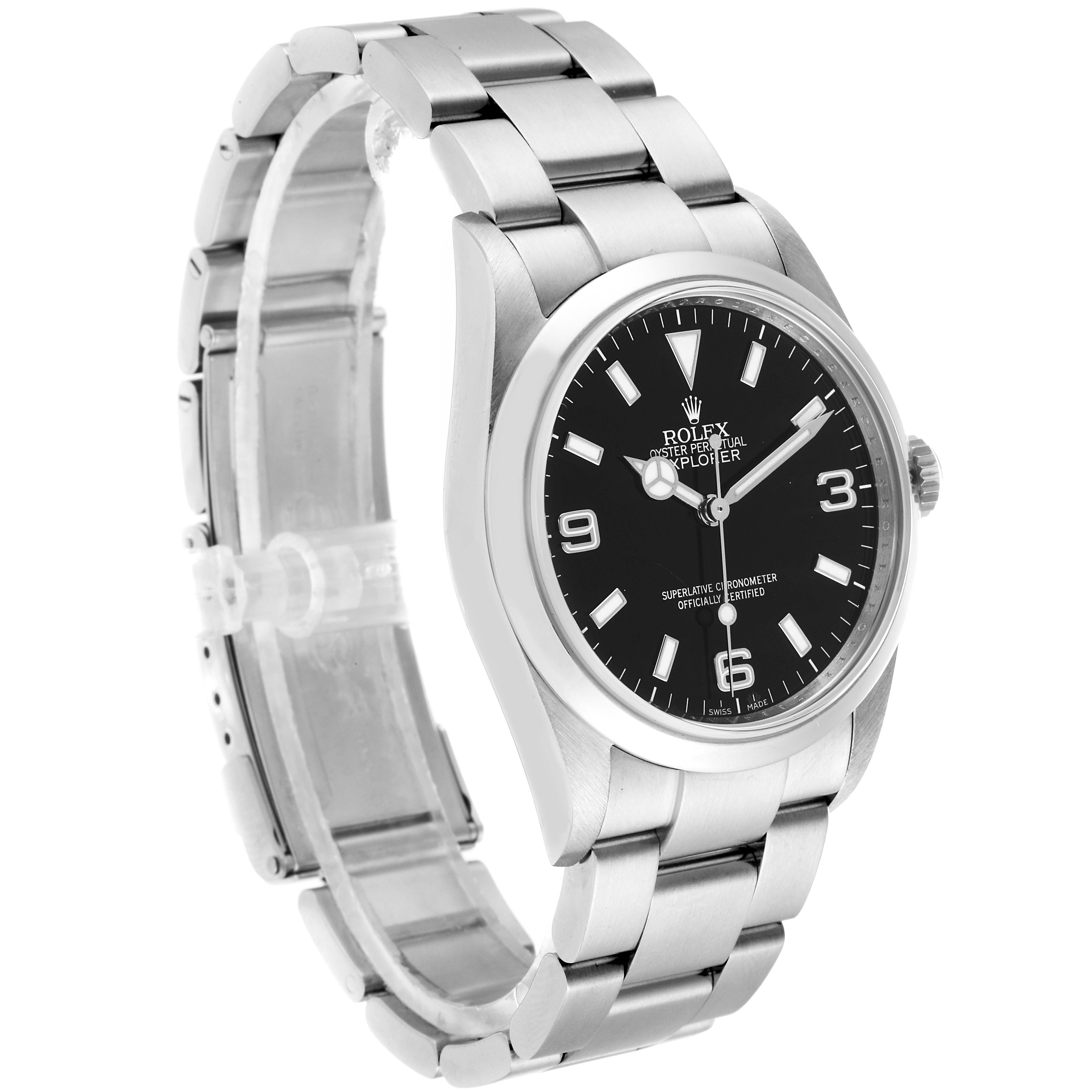 The Rolex Explorer 114270 Men's Stainless Steel Black Dial 114270 Men's Stainless Steel Black Dial watch is shown at a slight angle, displaying the black dial, bezel, and stainless steel bracelet.