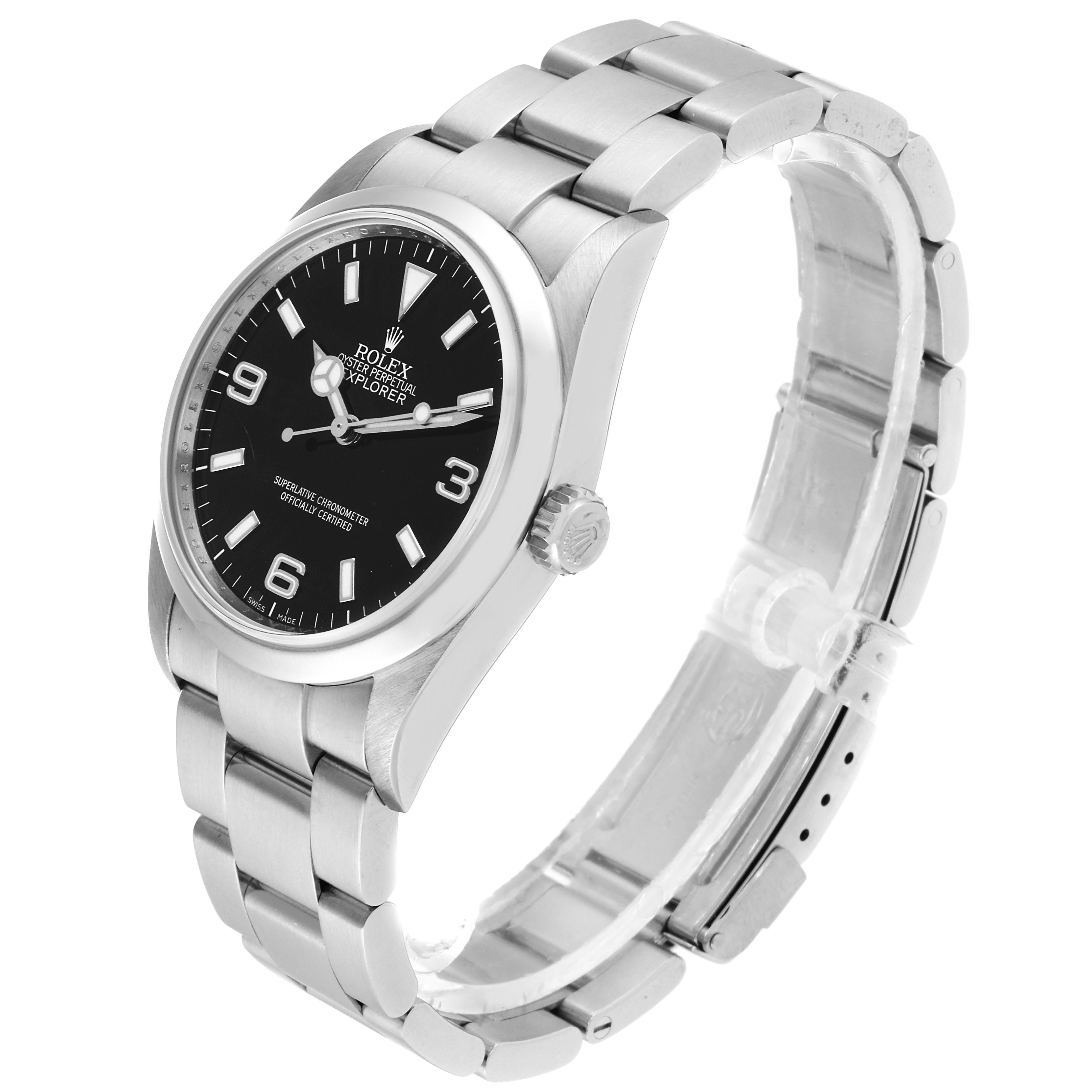This image shows a side view of a Rolex Explorer 114270 Men's Stainless Steel Black Dial 114270 Men's Stainless Steel Black Dial watch, featuring its bracelet, dial, and crown.