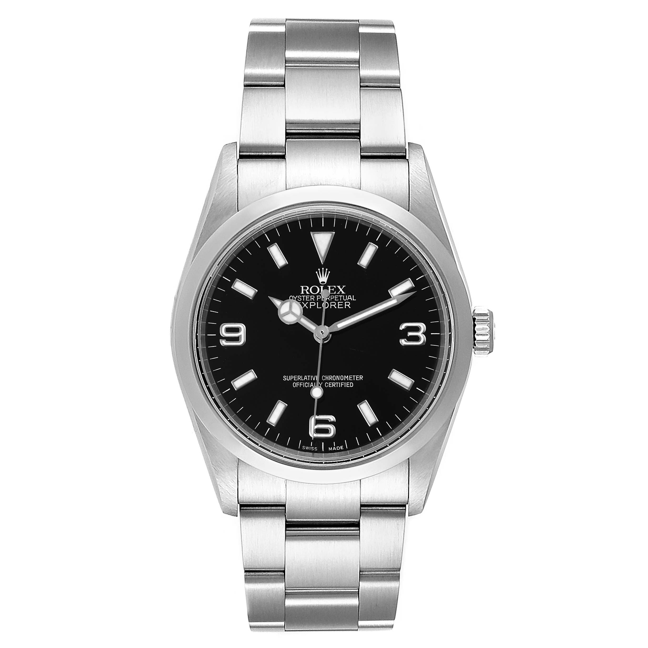 The image shows a front view of a Rolex Explorer 114270 Men's Stainless Steel Black Dial 114270 Men's Stainless Steel Black Dial watch featuring its bracelet, dial, hands, and crown.