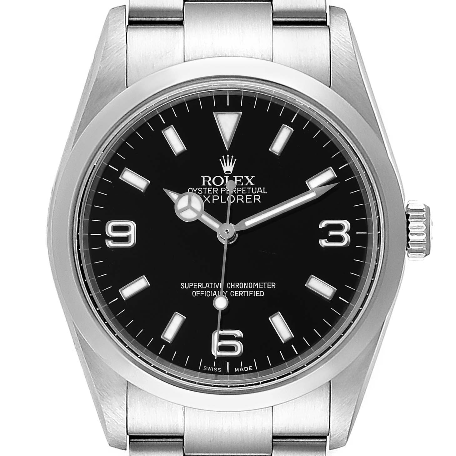 The image shows a frontal view of the Rolex Explorer 114270 Men's Stainless Steel Black Dial 114270 Men's Stainless Steel Black Dial watch, highlighting its black dial, markers, hands, case, and bracelet.