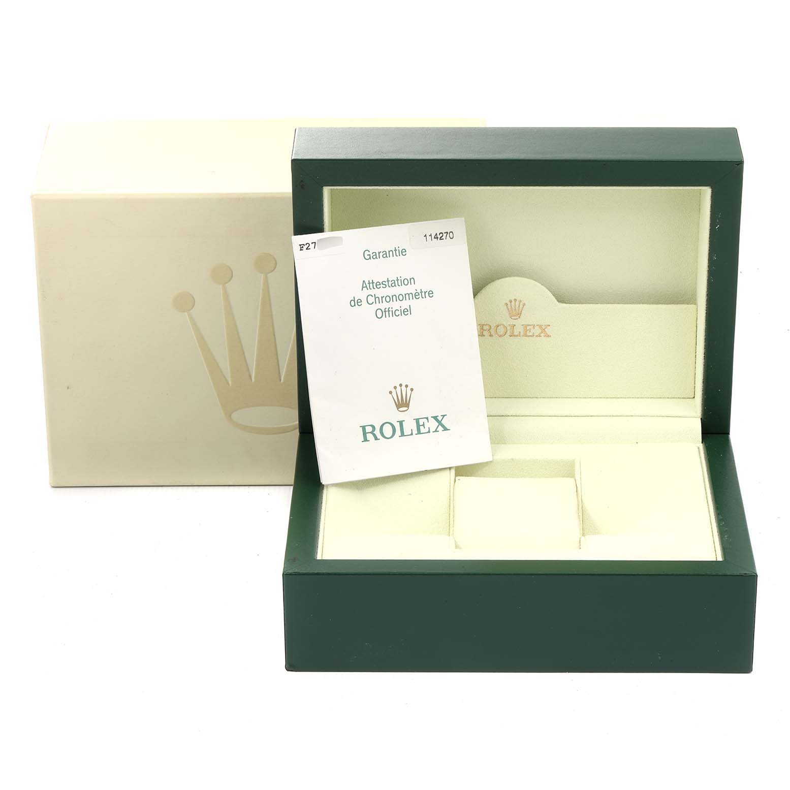 The image shows an empty box and paperwork for a Rolex Explorer 114270 Men's Stainless Steel Black Dial 114270 Men's Stainless Steel Black Dial model, viewed from the front.