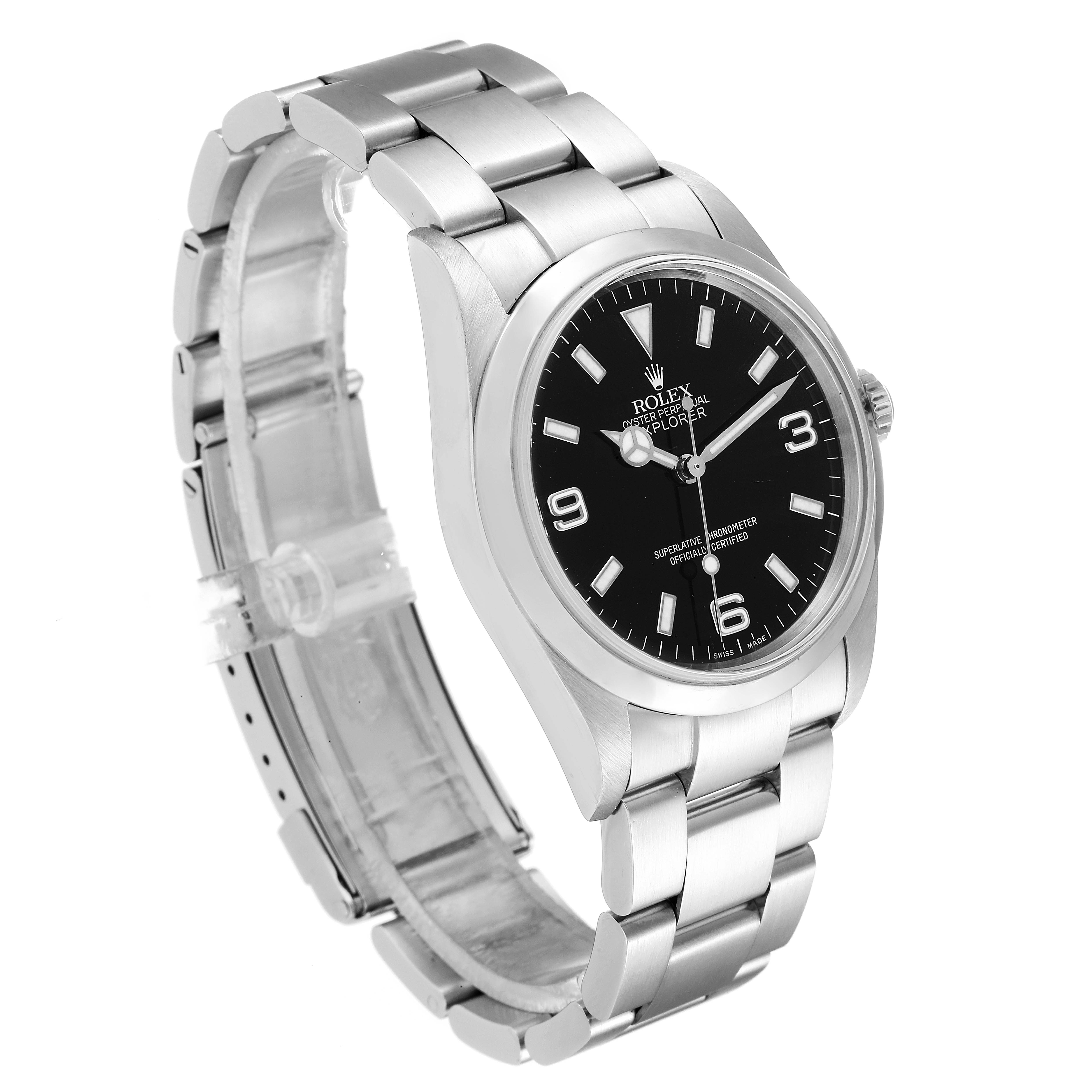 The Rolex Explorer 114270 Men's Stainless Steel Black Dial 114270 Men's Stainless Steel Black Dial watch is shown from an angled front view, highlighting its black dial, stainless steel case, and bracelet.