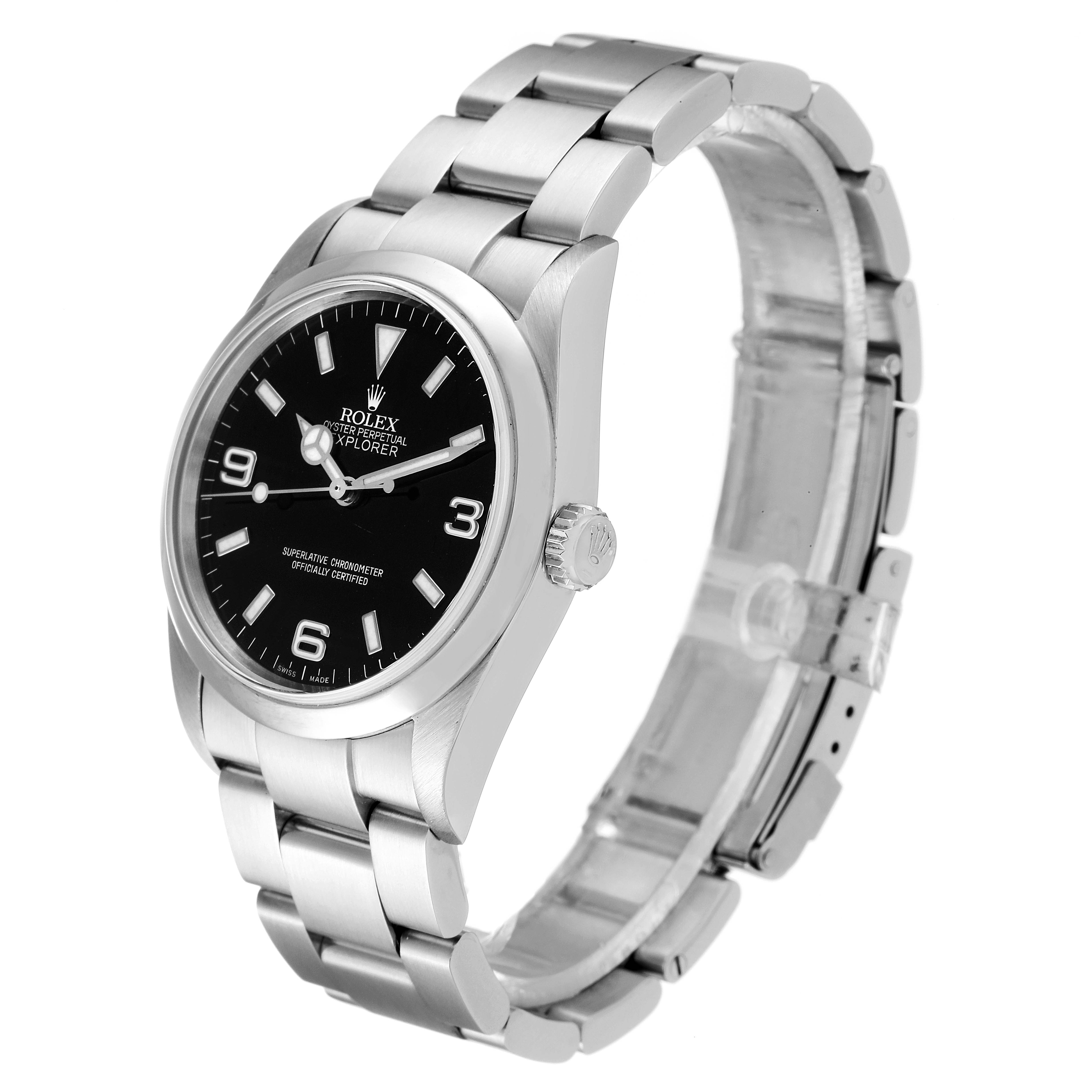 This image shows a side angle view of a Rolex Explorer 114270 Men's Stainless Steel Black Dial 114270 Men's Stainless Steel Black Dial watch, featuring its black dial, bracelet, and crown.