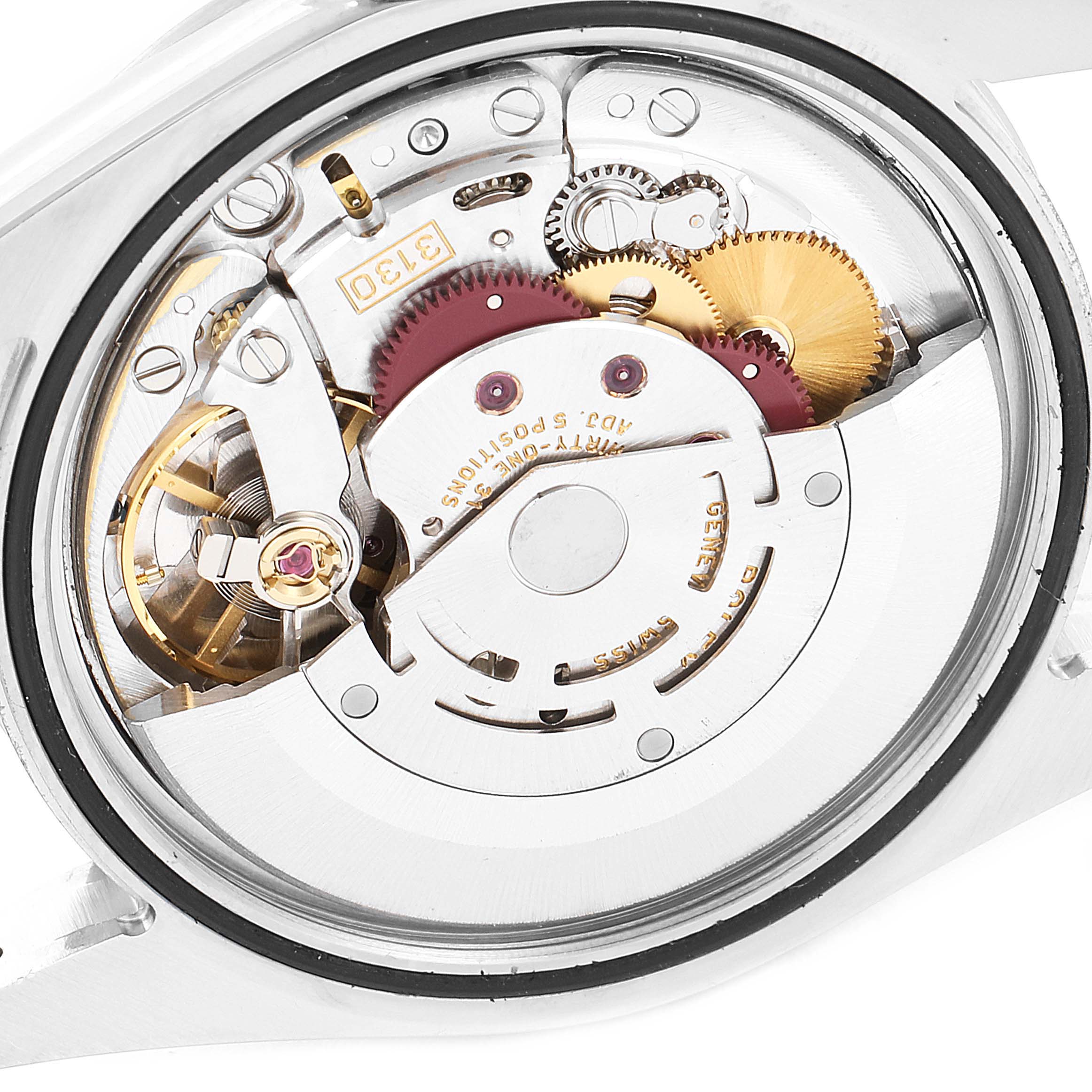 The image shows the inner mechanical components of a Rolex Explorer 114270 Men's Stainless Steel Black Dial 114270 Men's Stainless Steel Black Dial model watch, viewed from the back.