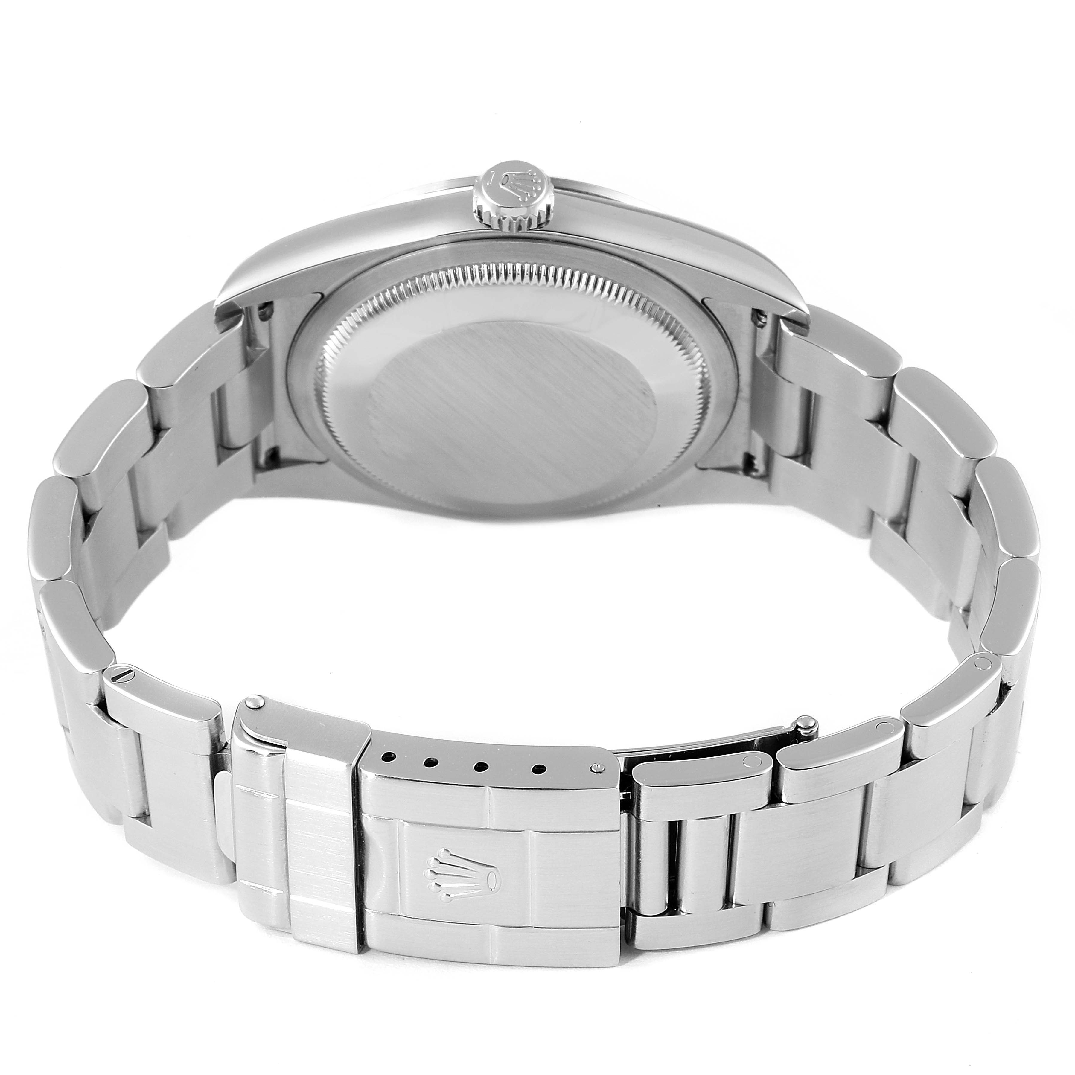 This image shows the back view of the Rolex Explorer 114270 Men's Stainless Steel Black Dial 114270 Men's Stainless Steel Black Dial watch, showcasing the case back, crown, and bracelet with clasp.