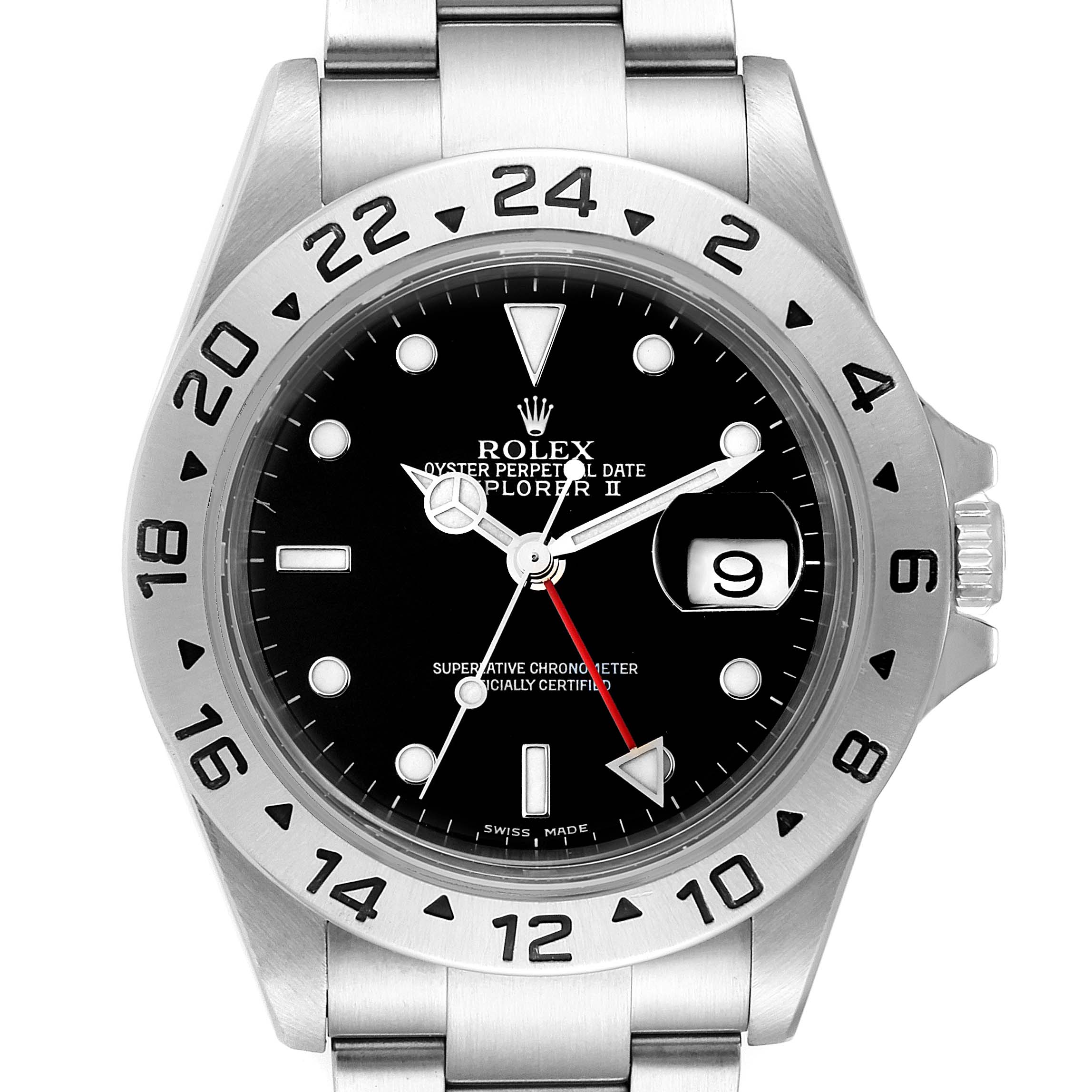 The image shows a front view of a Rolex Explorer 16570 Men
s Stainless Steel Black Dial 16570 Men
s Stainless Steel Black Dial watch, highlighting the bezel, dial, hands, and bracelet.