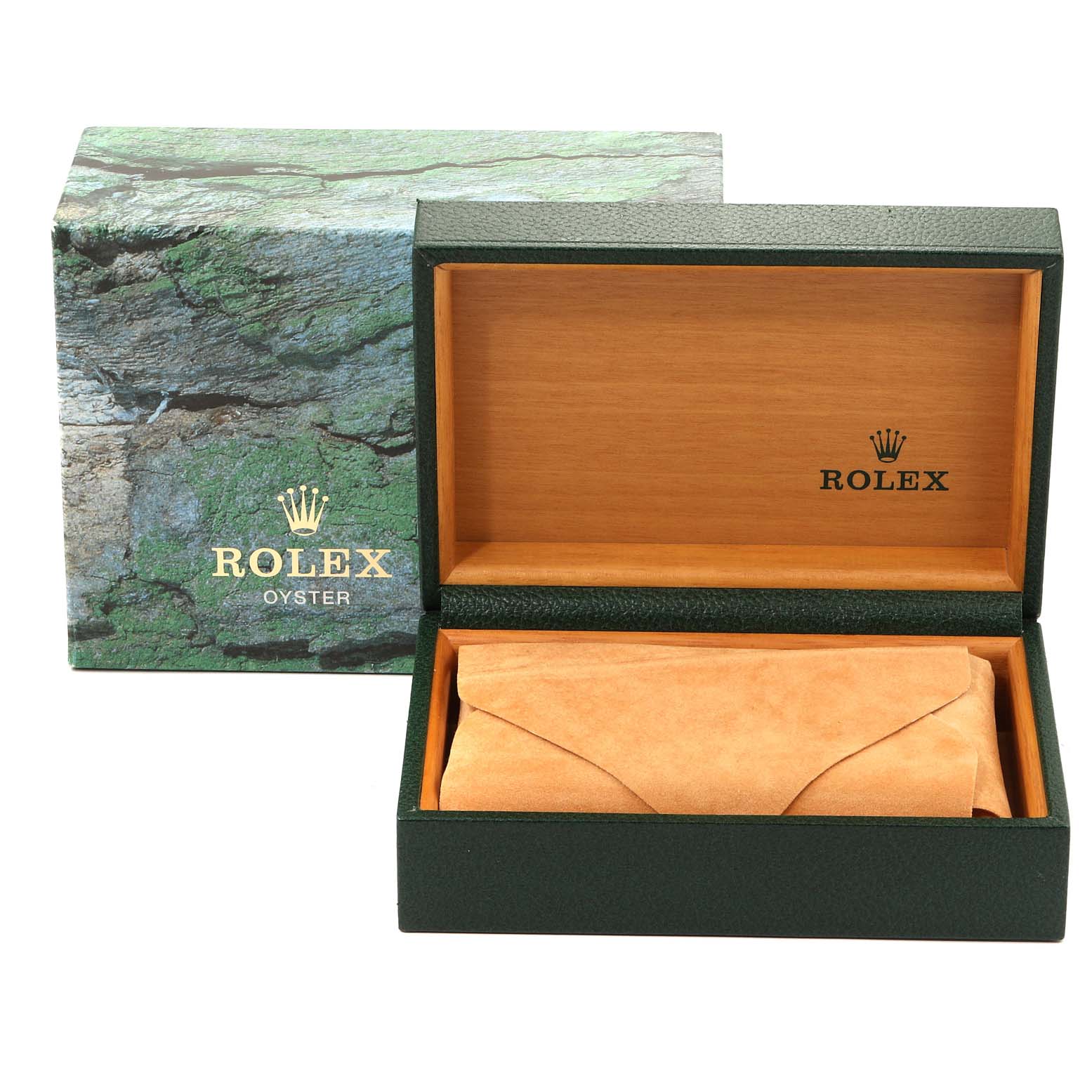 The image shows an empty Rolex Explorer 16570 Men
s Stainless Steel Black Dial 16570 Men
s Stainless Steel Black Dial watch box and its outer packaging at a slightly elevated angle.