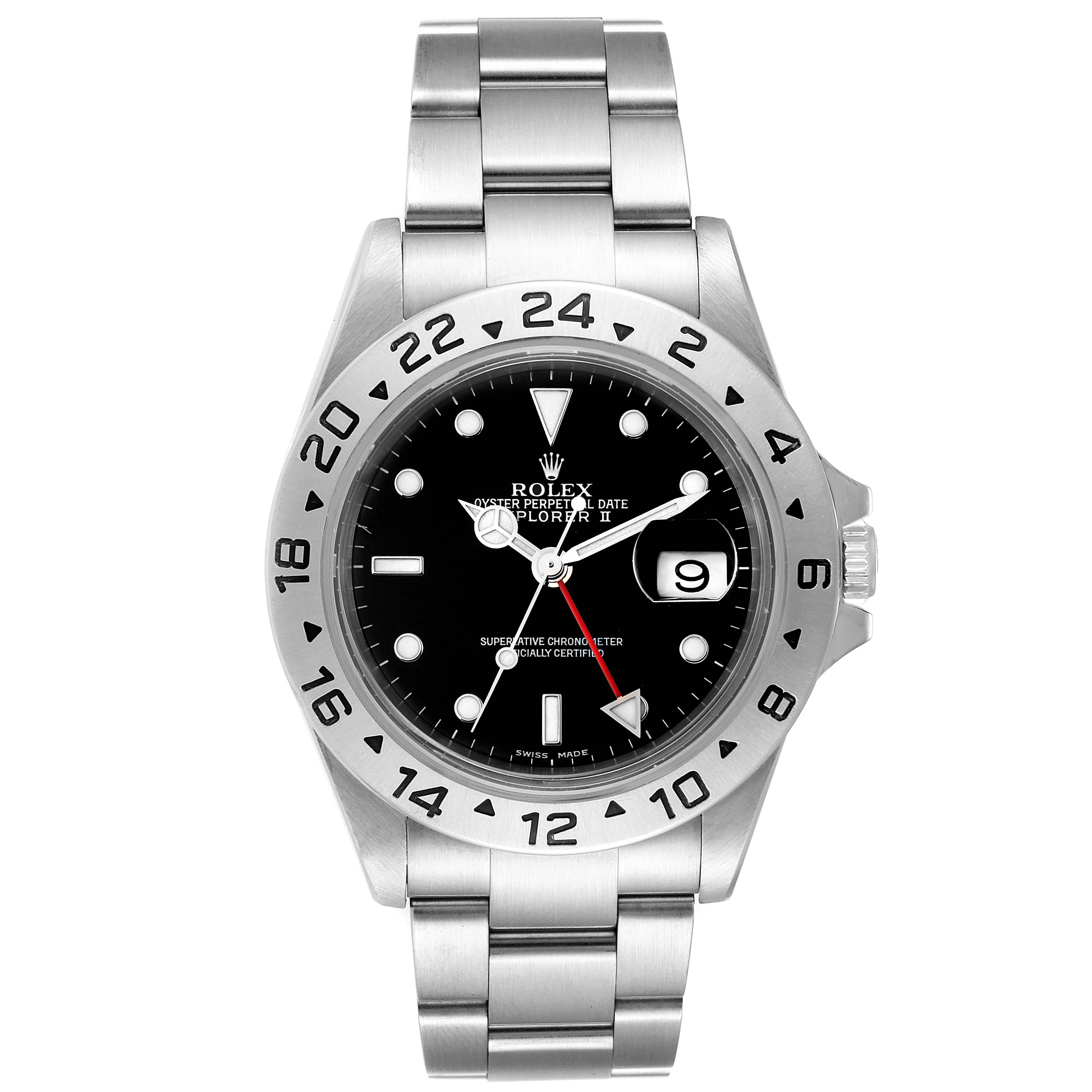 This image shows a front view of a Rolex Explorer 16570 Men
s Stainless Steel Black Dial 16570 Men
s Stainless Steel Black Dial watch, displaying its dial, bezel, and bracelet.
