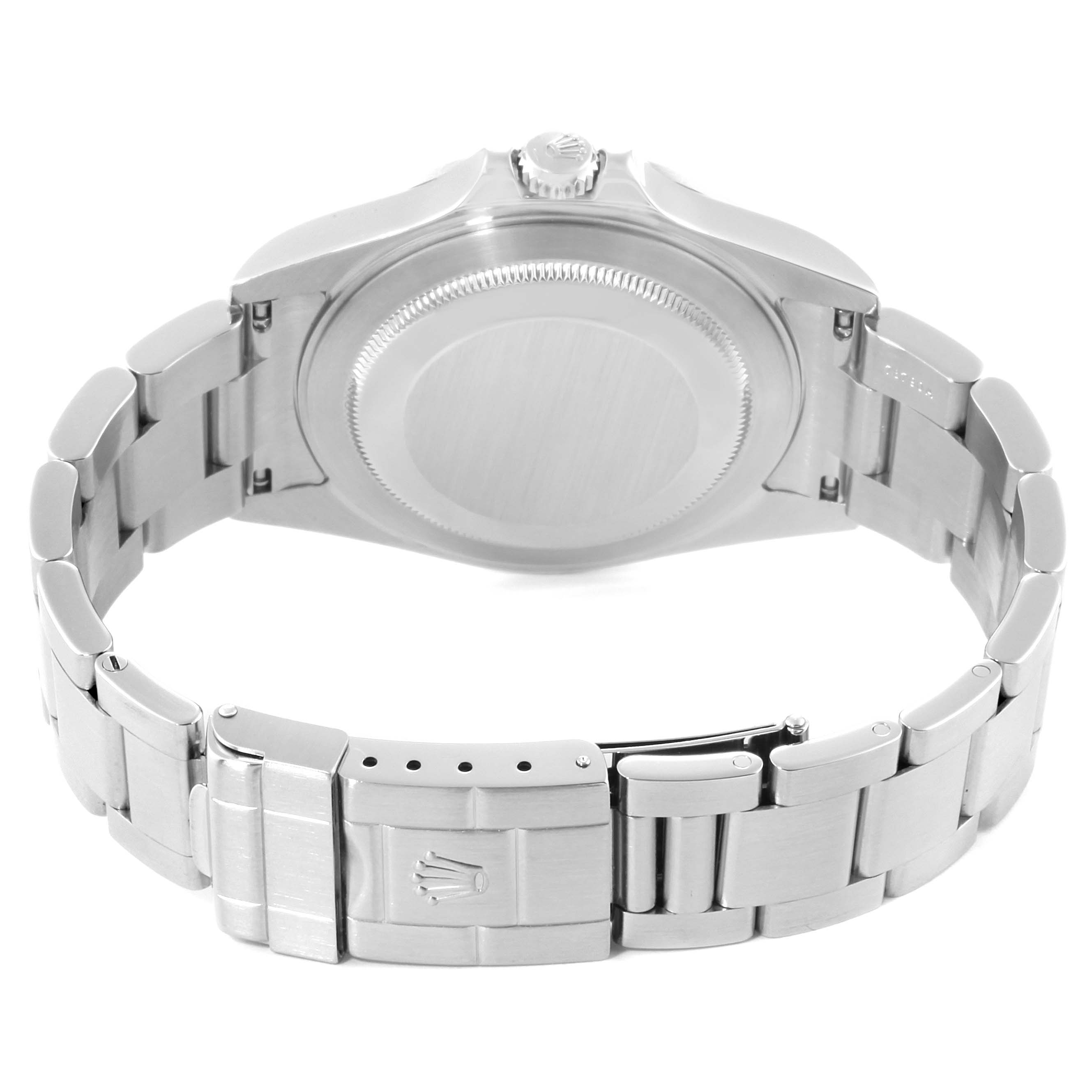 The image shows the back case and bracelet of a Rolex Explorer 16570 Men
s Stainless Steel Black Dial 16570 Men
s Stainless Steel Black Dial watch from a slightly elevated rear angle.