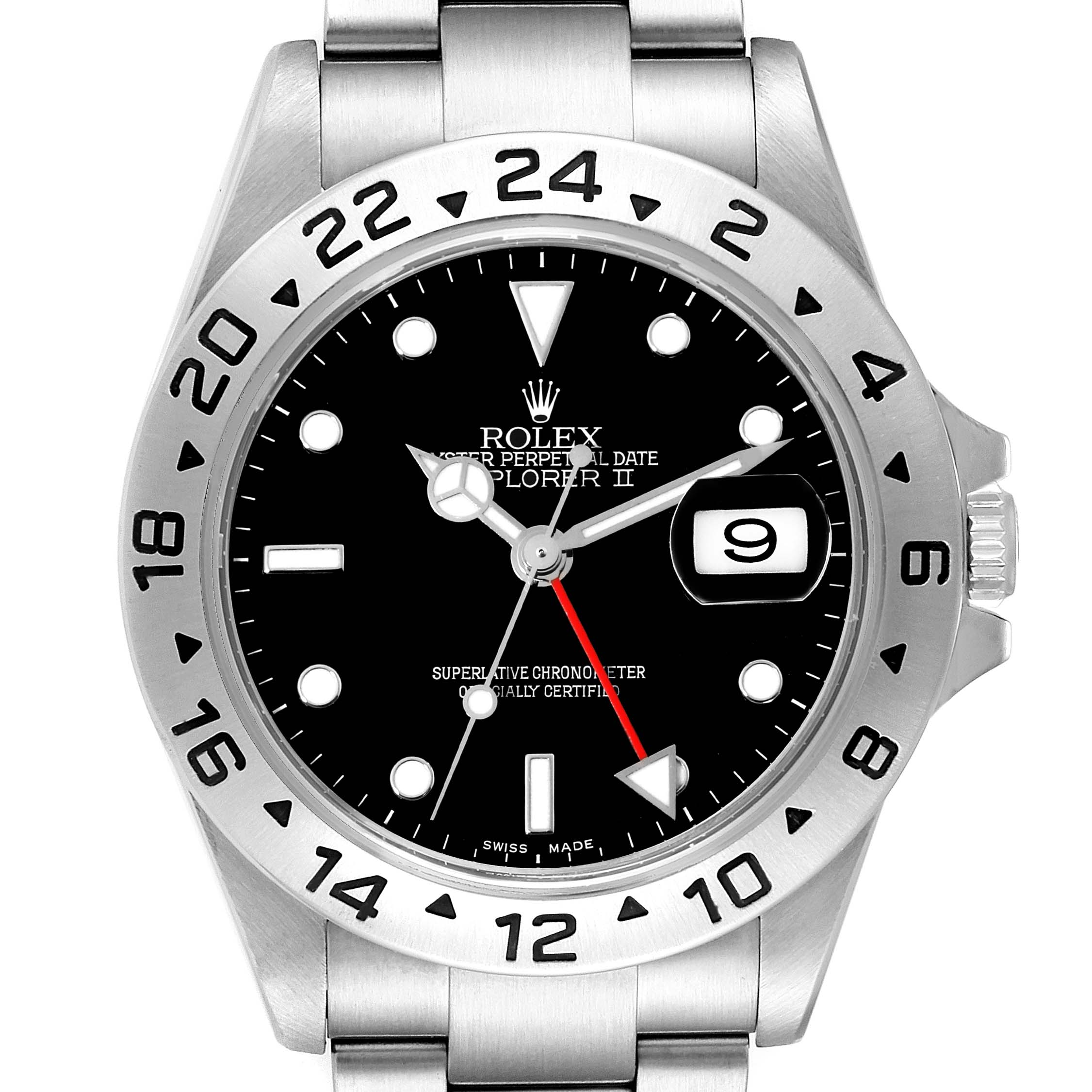 This image shows a frontal view of the Rolex Explorer 16570 Men
s Stainless Steel Black Dial 16570 Men
s Stainless Steel Black Dial watch, highlighting its dial, bezel, and bracelet.