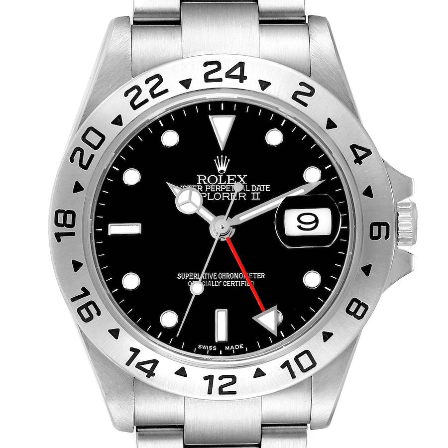 This image shows a frontal view of the Rolex Explorer II watch, highlighting its dial, bezel, and bracelet.