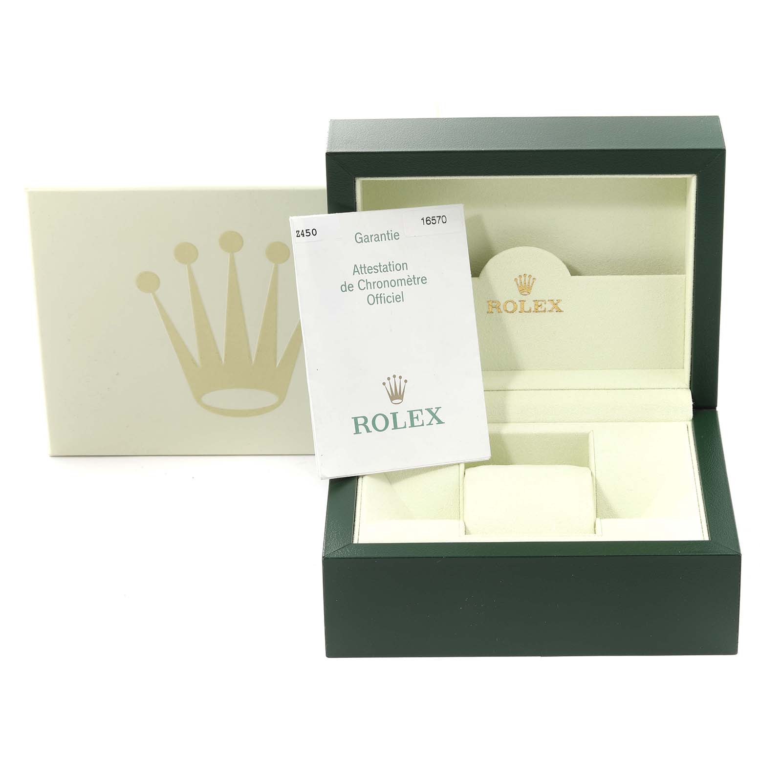 The image shows the box, inner case, and manual for a Rolex Explorer 16570 Men
s Stainless Steel Black Dial 16570 Men
s Stainless Steel Black Dial model watch.