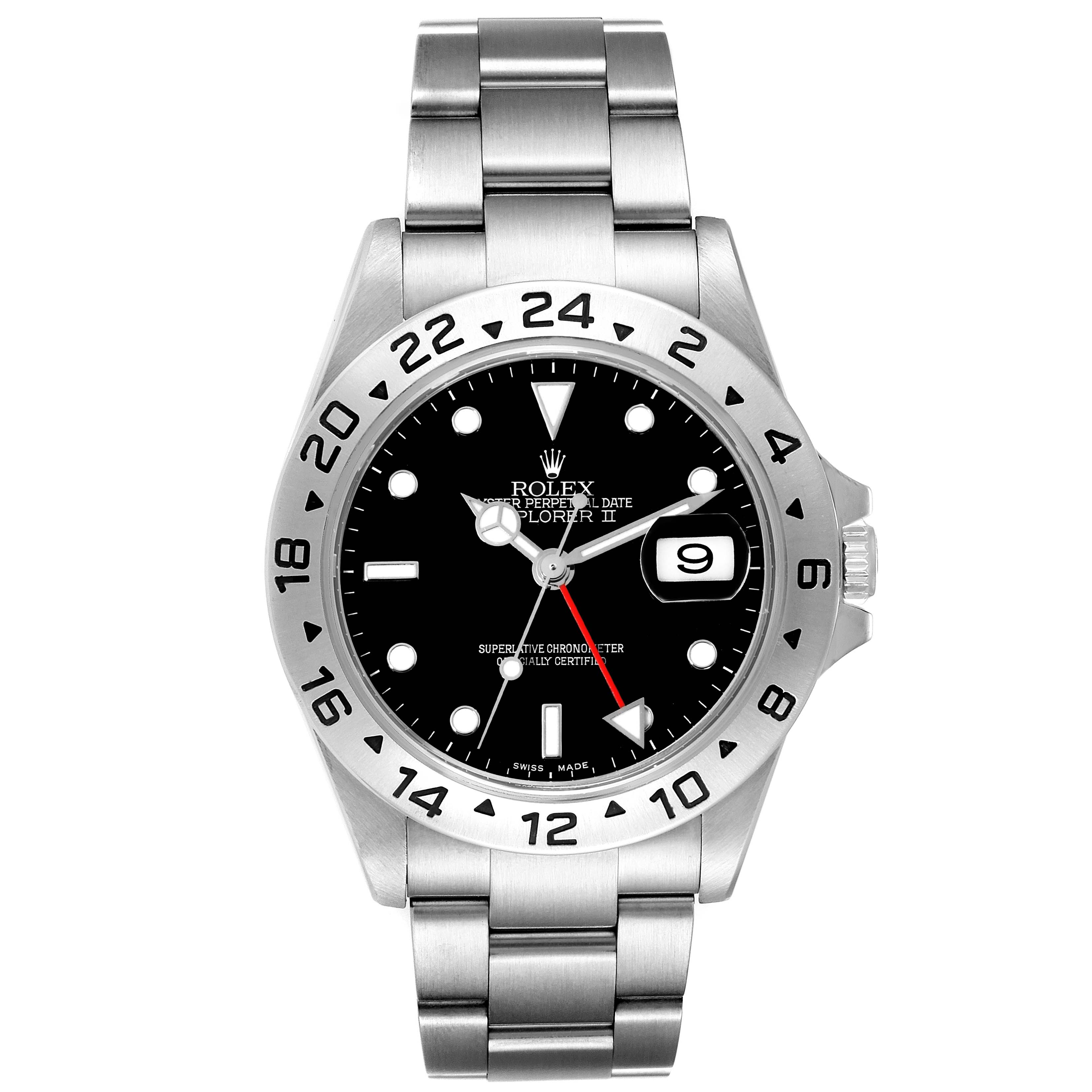 The image shows a front view of a Rolex Explorer 16570 Men
s Stainless Steel Black Dial 16570 Men
s Stainless Steel Black Dial watch featuring a black dial, metal band, and date display.