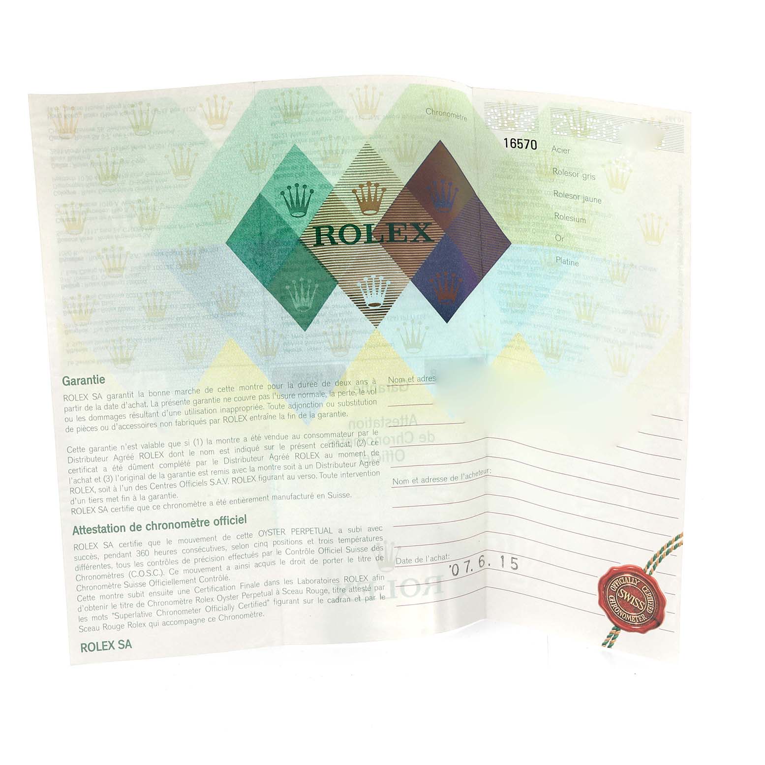 This image shows the warranty card for a Rolex Explorer 16570 Men
s Stainless Steel Black Dial 16570 Men
s Stainless Steel Black Dial model.