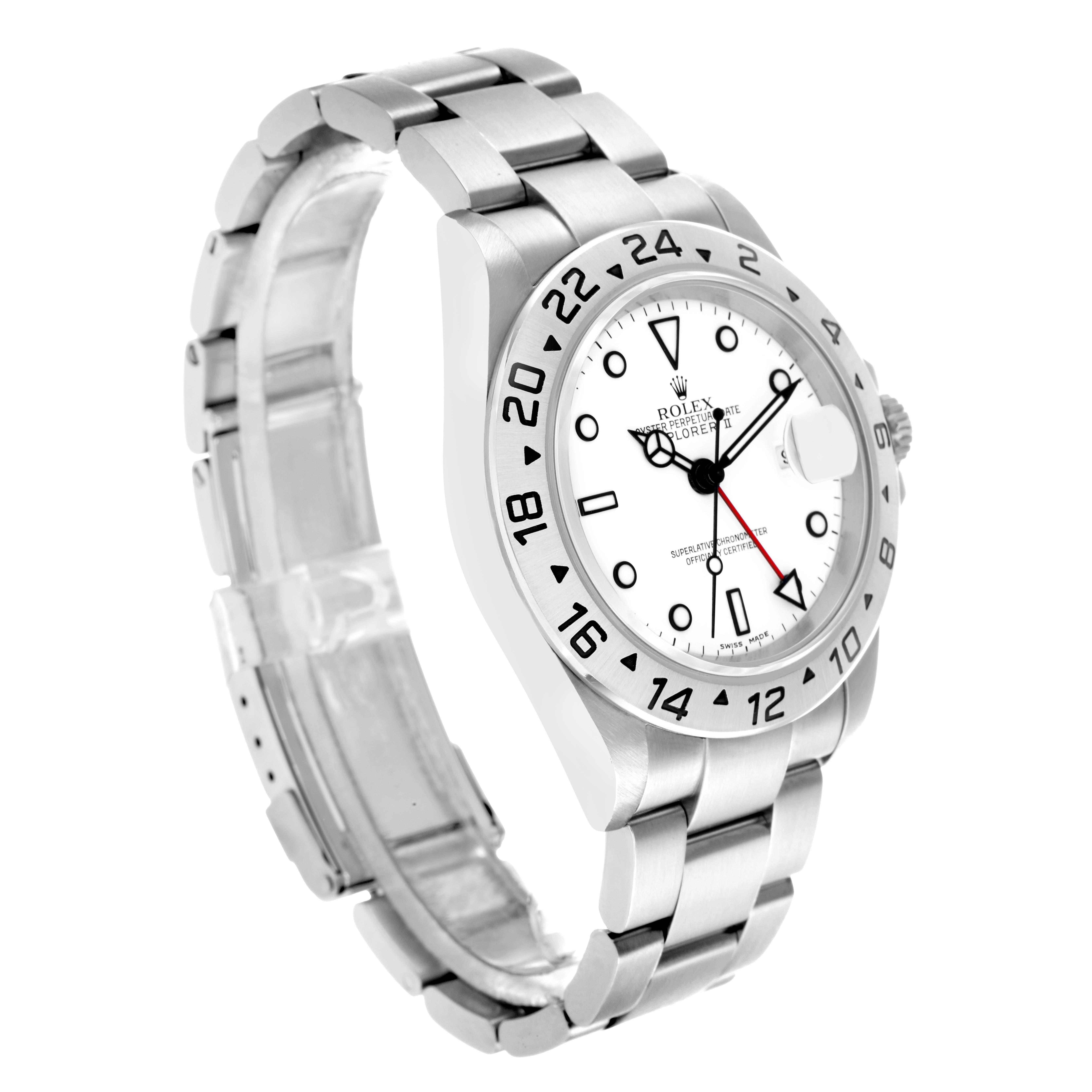 The Rolex Explorer 16570 Men
s Stainless Steel White Dial model is shown at a three-quarter angle, displaying the face, bezel, and bracelet.