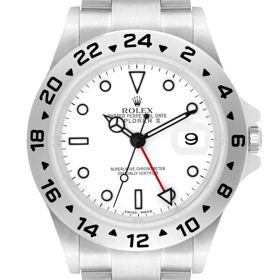 The Rolex Explorer 16570 Men's Stainless Steel White Dial model is shown from a front angle, highlighting the dial, hands, bezel, and part of the bracelet.