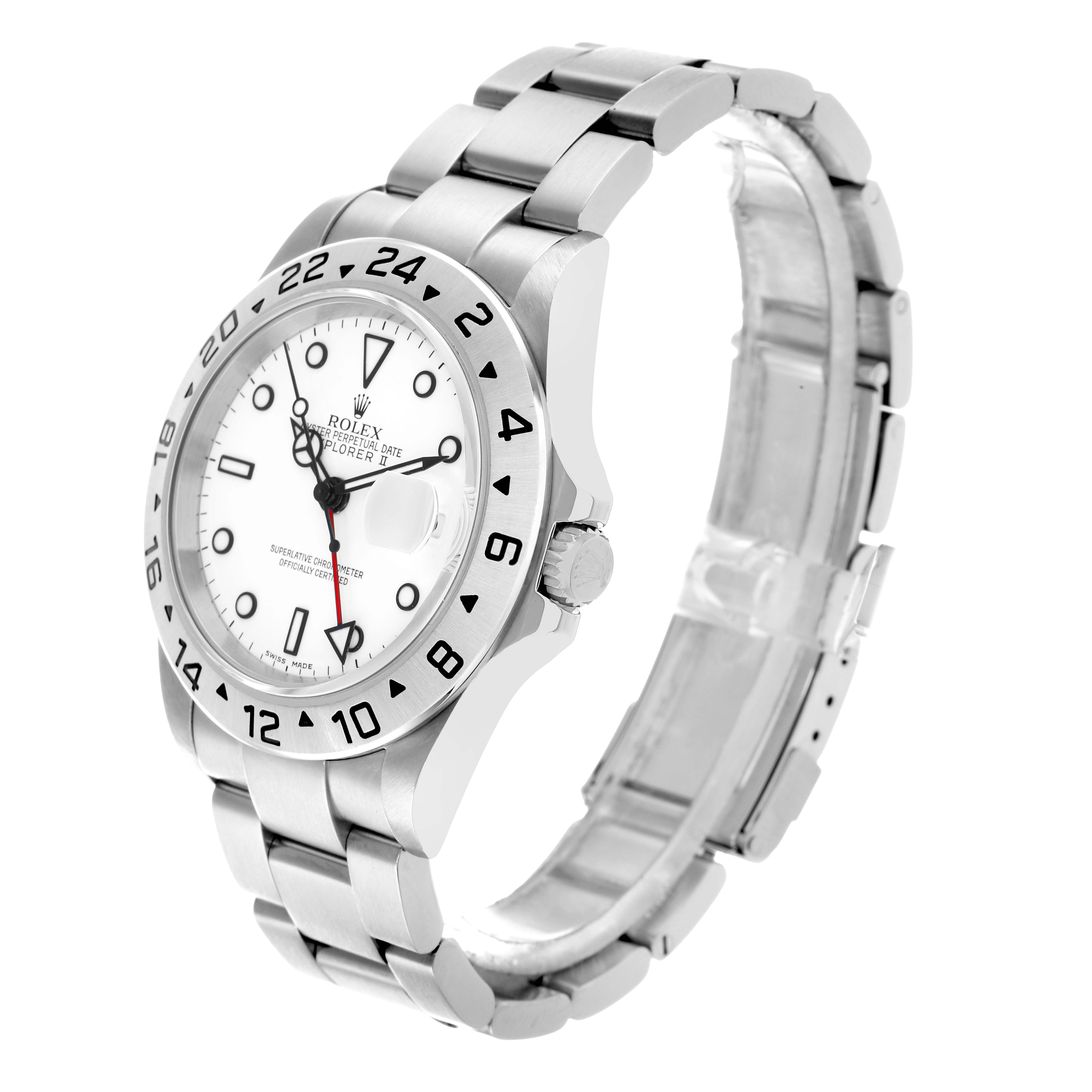 The Rolex Explorer 16570 Men
s Stainless Steel White Dial watch is shown at a three-quarter angle, highlighting the face, bezel, crown, and bracelet.