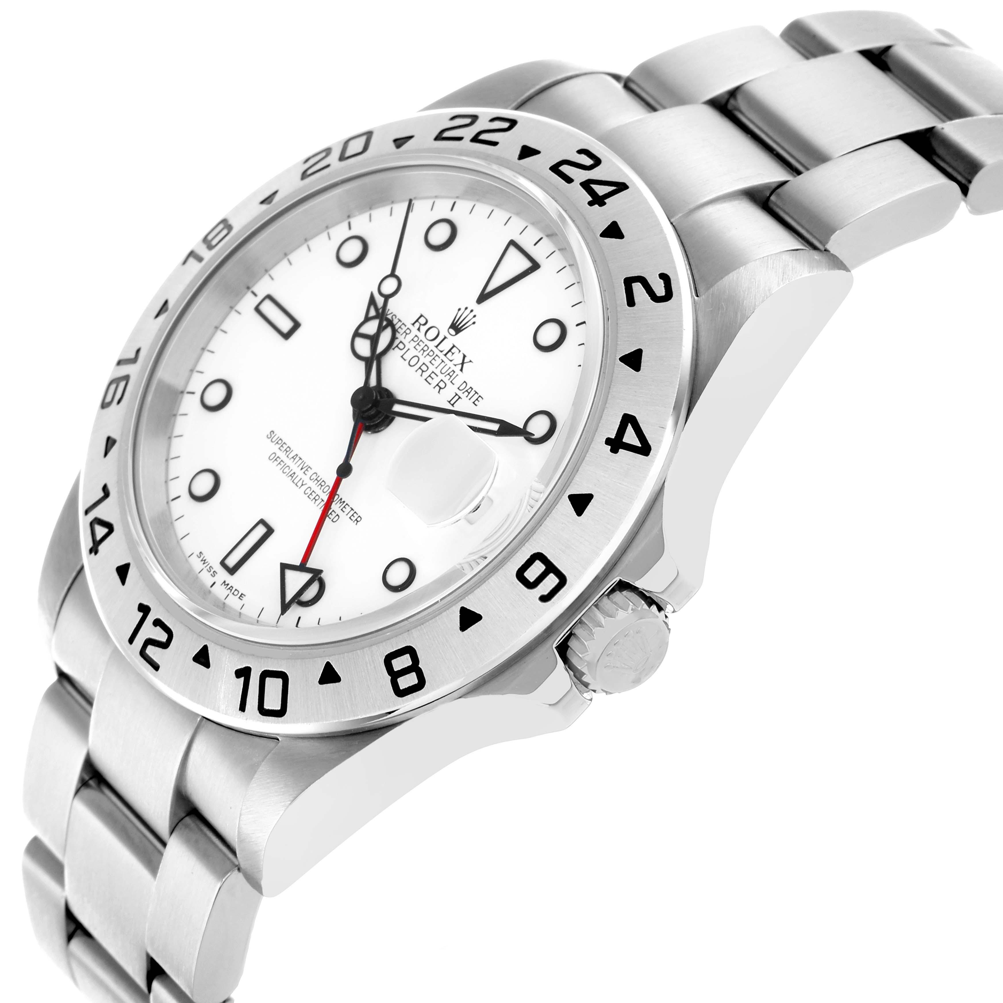 The Rolex Explorer 16570 Men
s Stainless Steel White Dial watch is shown at a slight angle, displaying the face, bezel, and part of the bracelet.